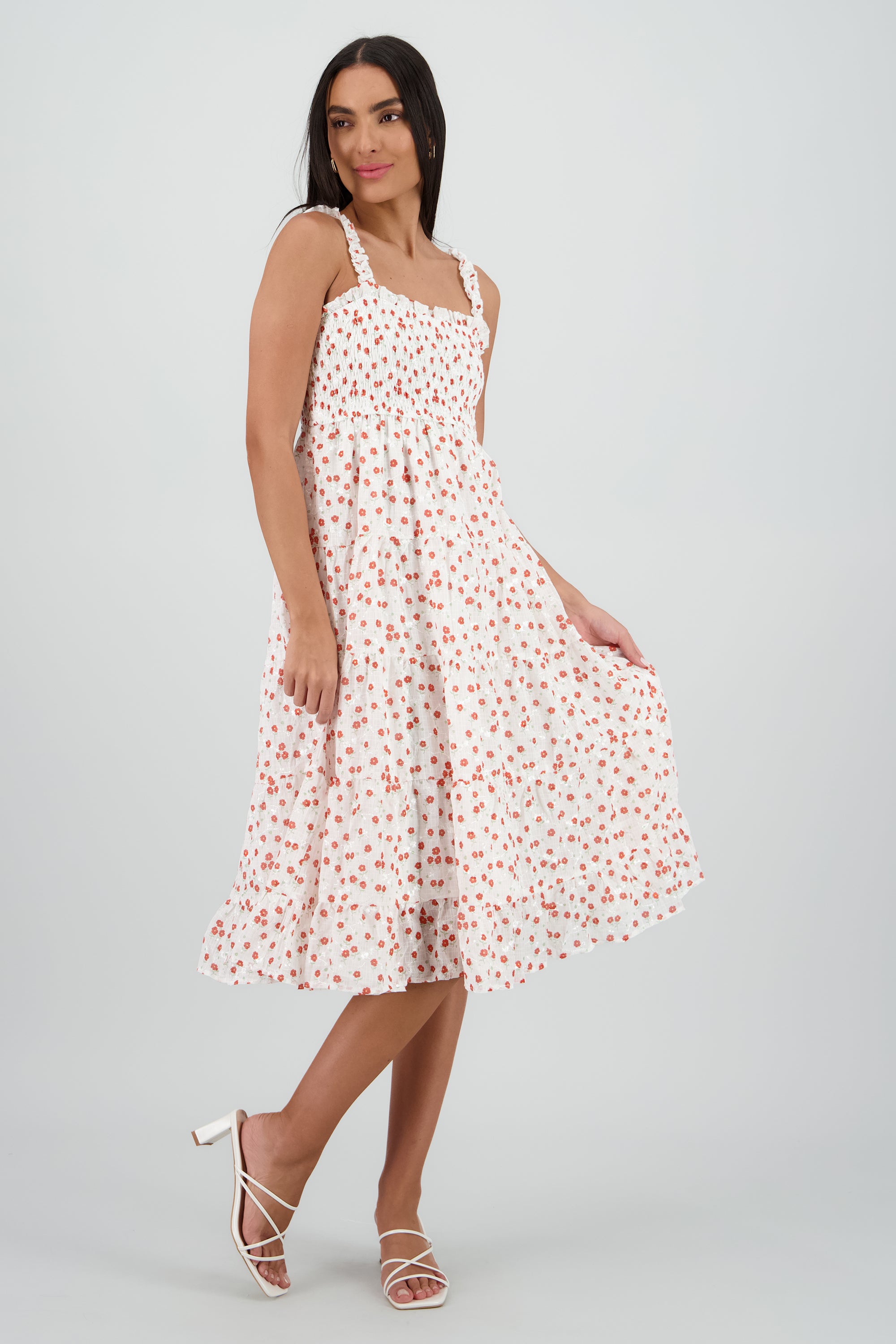 Vestido midi smocked flores bordados ROJO COMBO
