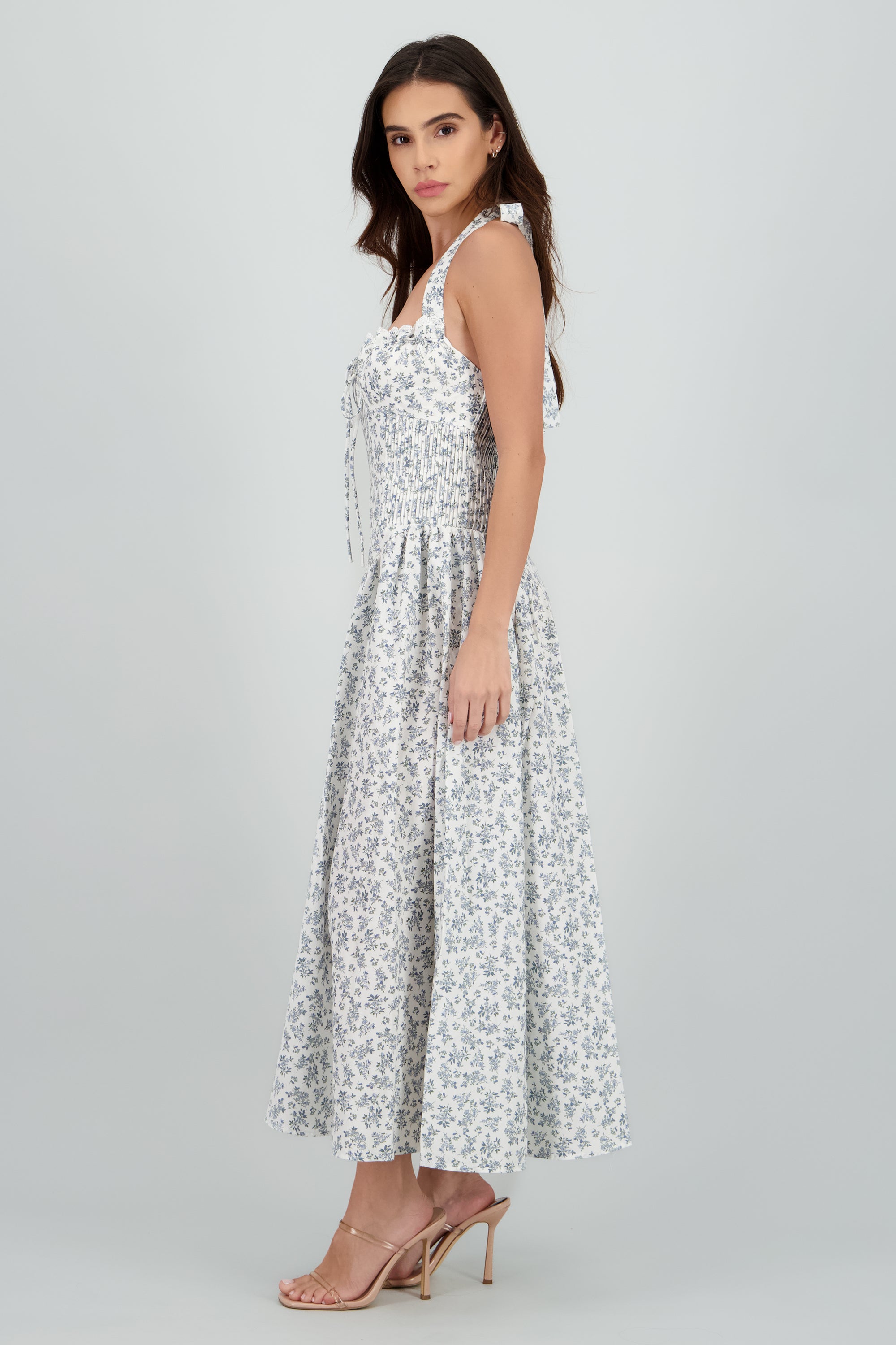 Vestido midi halter estampado flores BLANCO COMBO