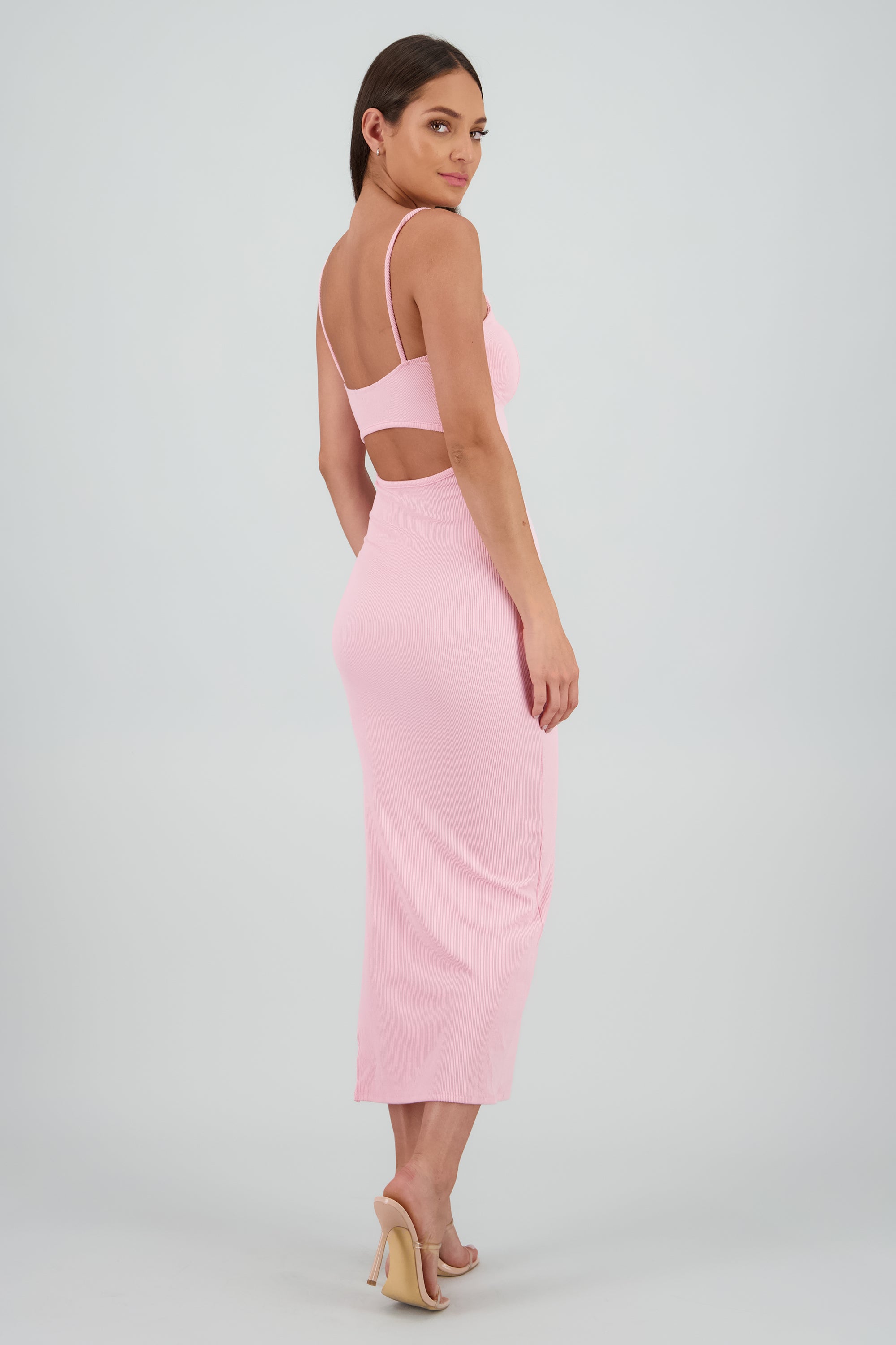 Vestido maxi rib con copas PALO DE ROSA