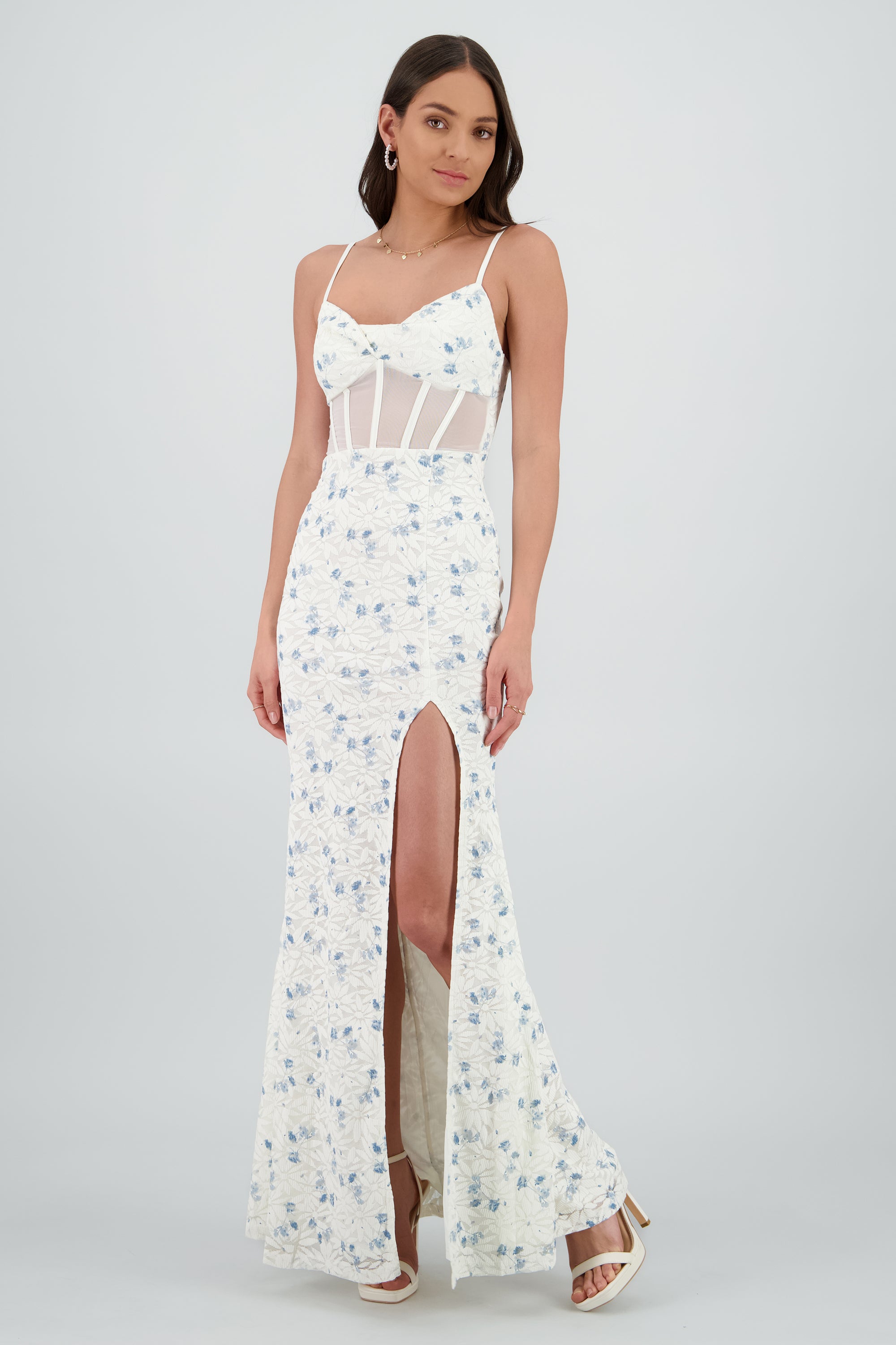 Vestido maxi de encaje con flores y varillas AZUL COMBO