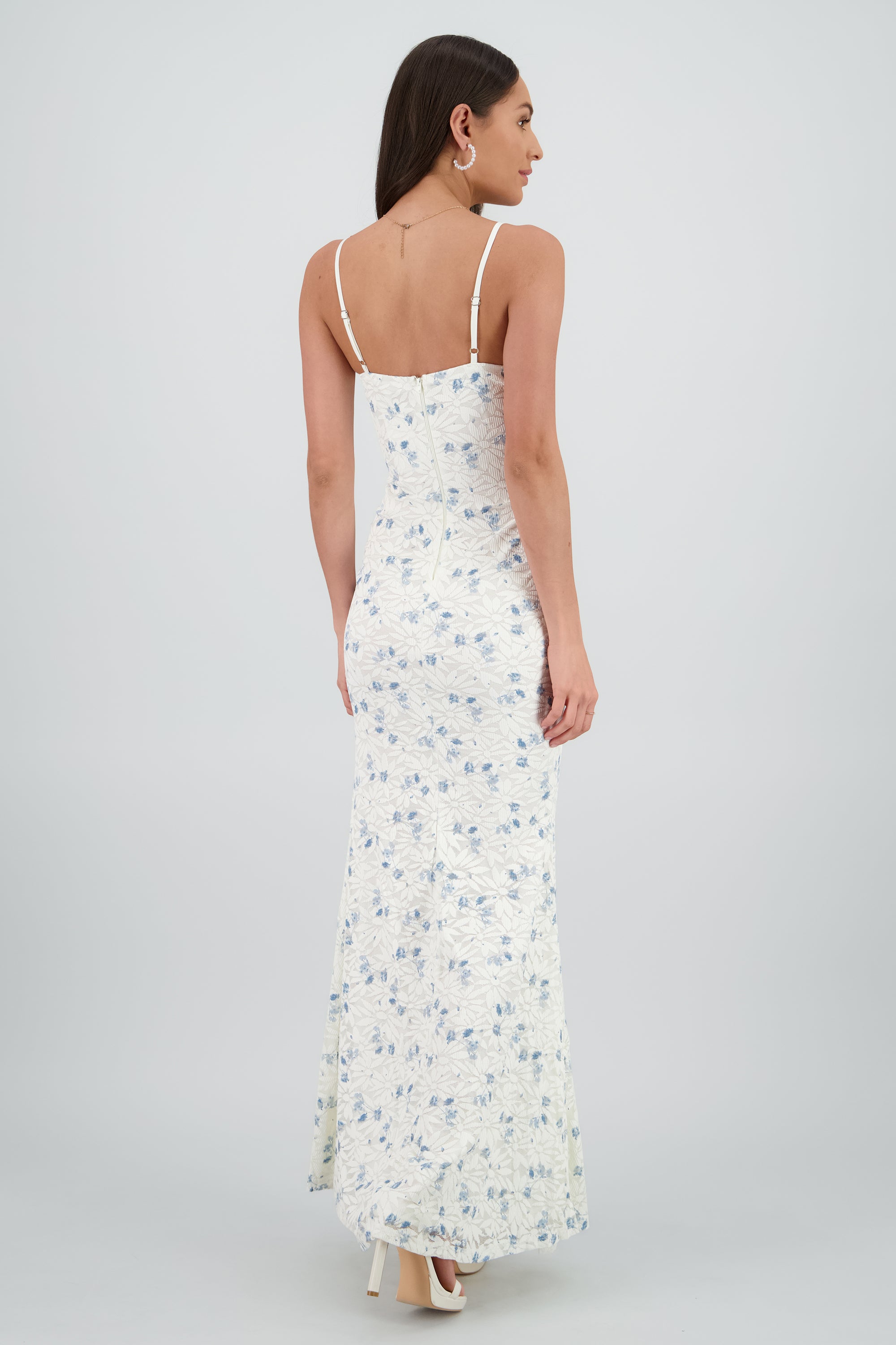 Vestido maxi de encaje con flores y varillas AZUL COMBO