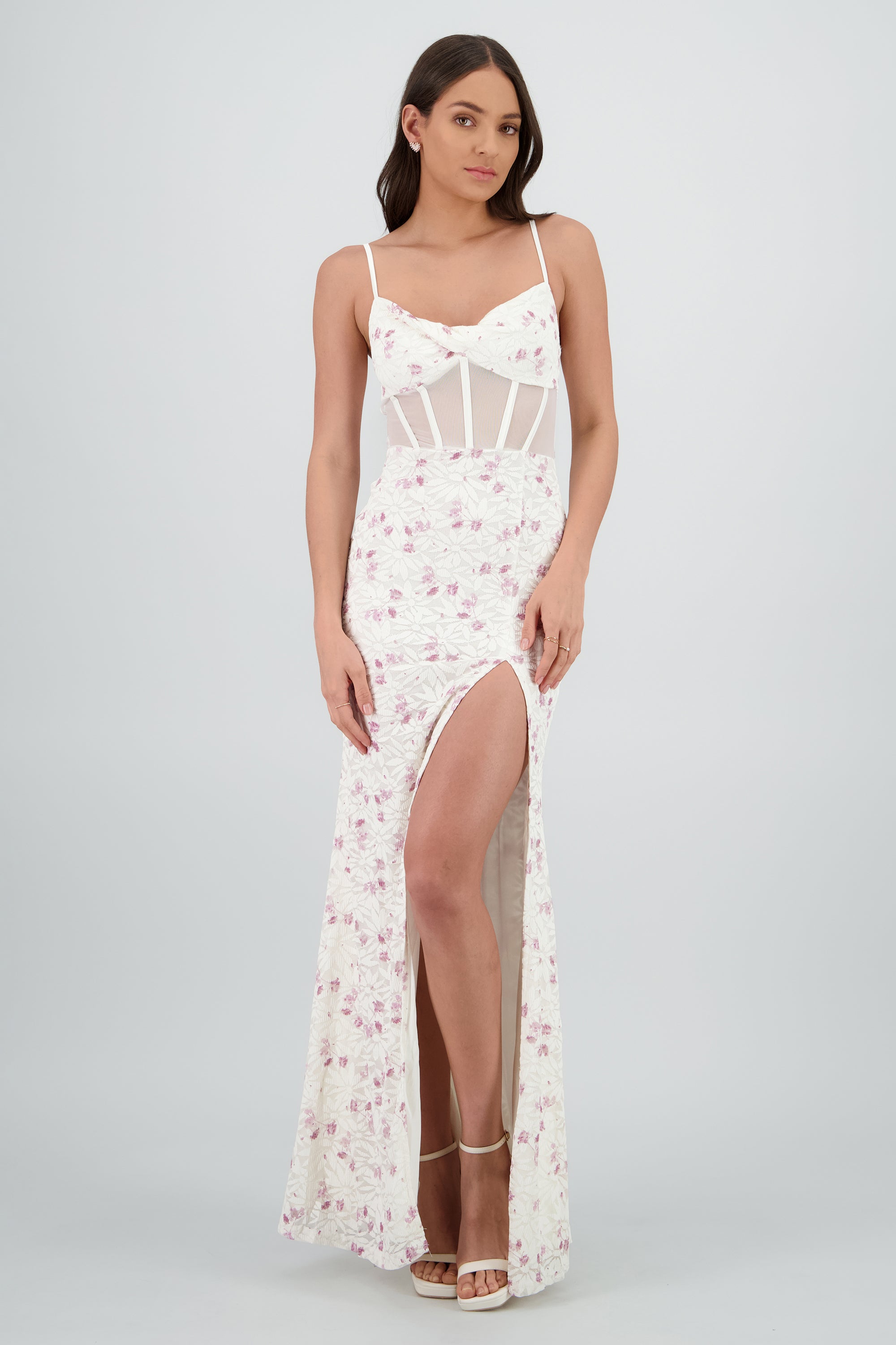Vestido maxi de encaje con flores y varillas MORADO COMBO