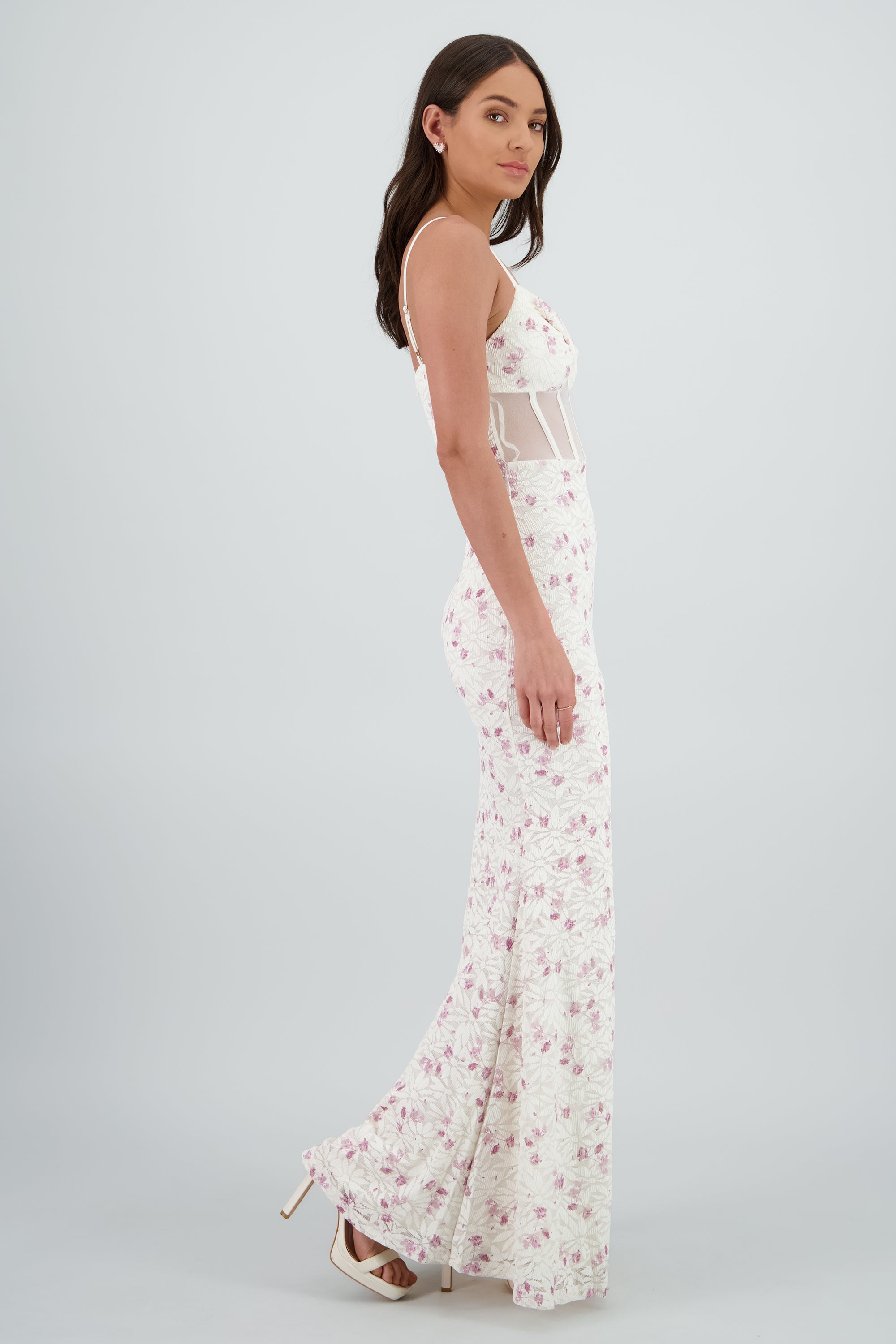 Vestido maxi de encaje con flores y varillas MORADO COMBO