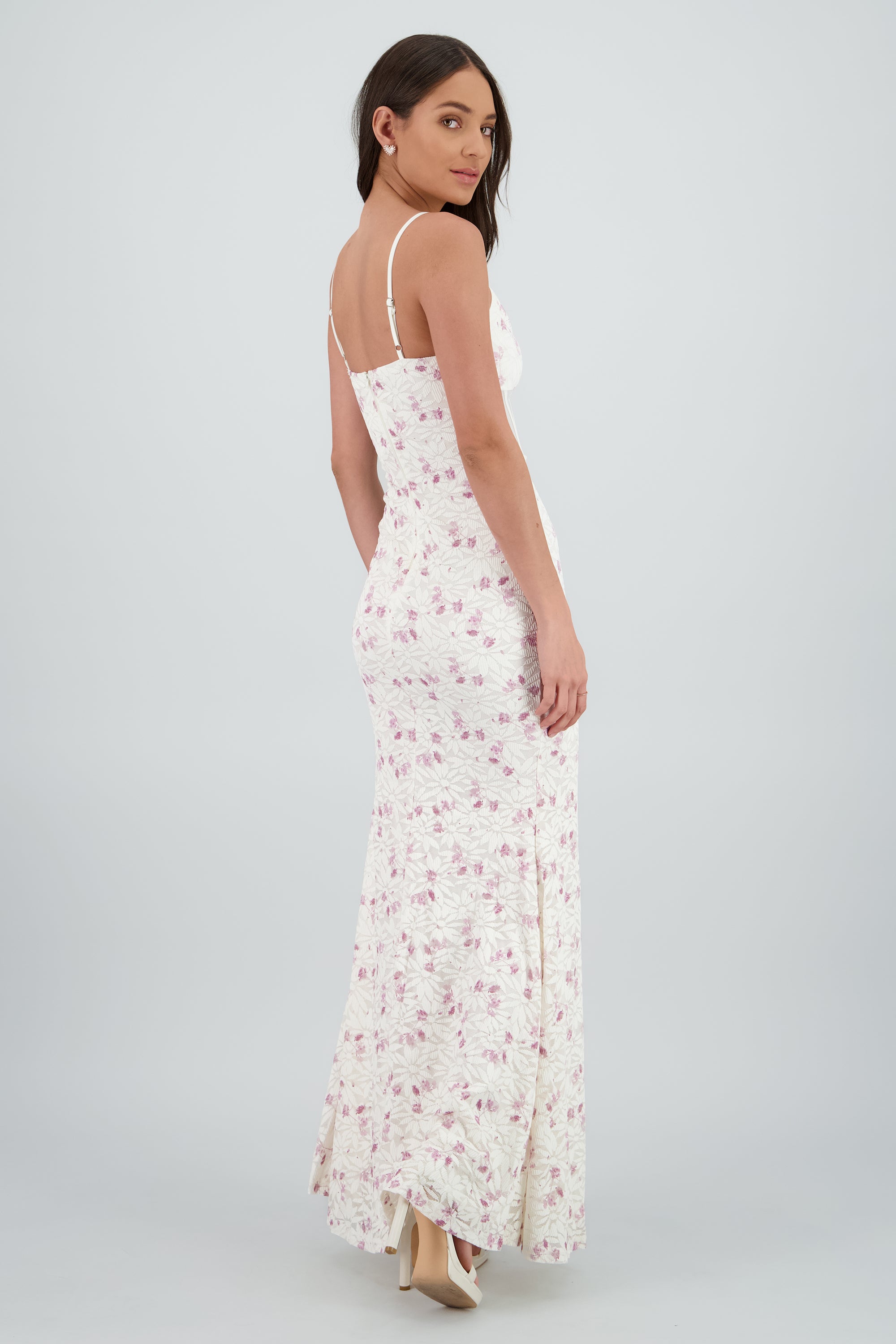 Vestido maxi de encaje con flores y varillas MORADO COMBO