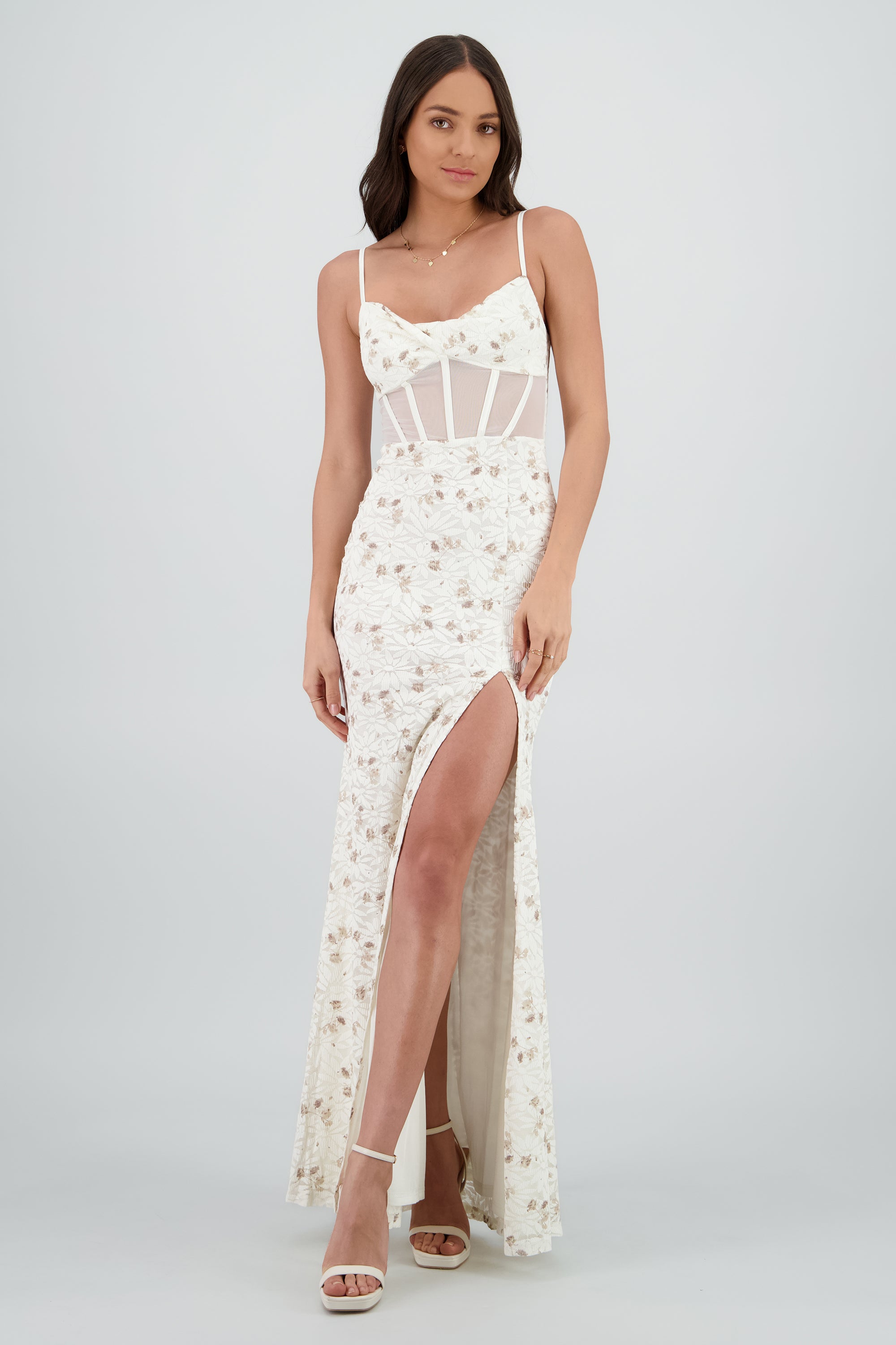 Vestido maxi de encaje con flores y varillas CAFE COMBO