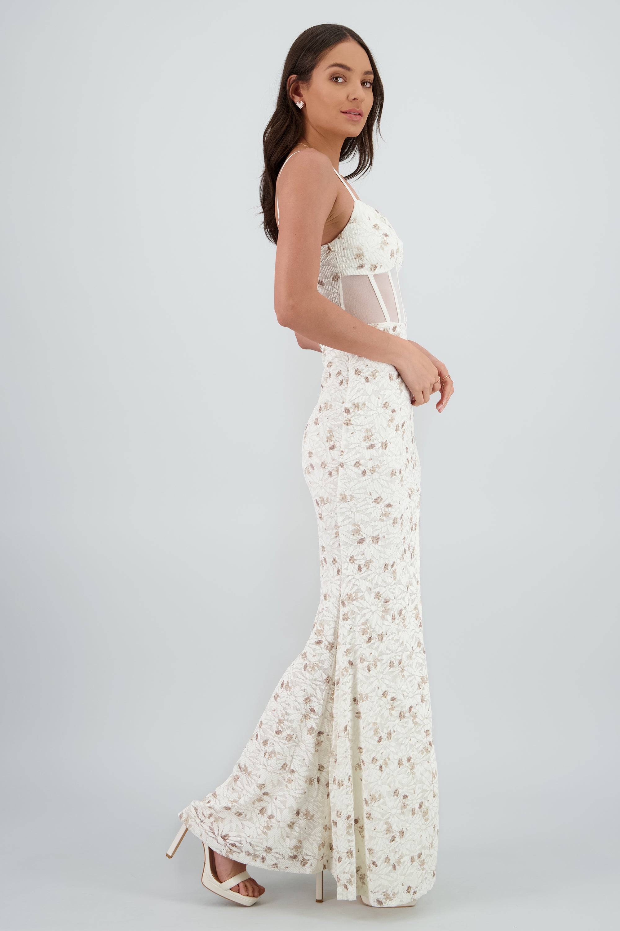 Vestido maxi de encaje con flores y varillas CAFE COMBO