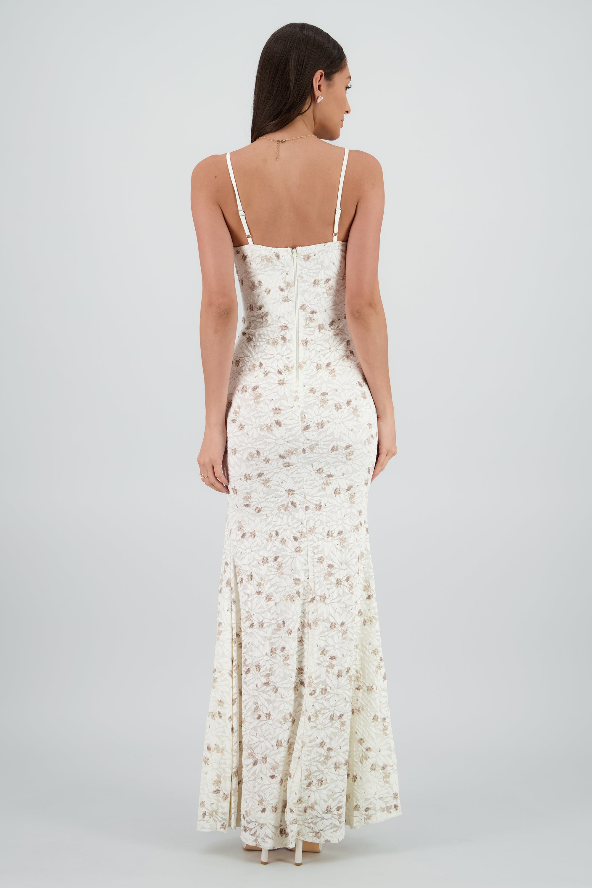 Vestido maxi de encaje con flores y varillas CAFE COMBO