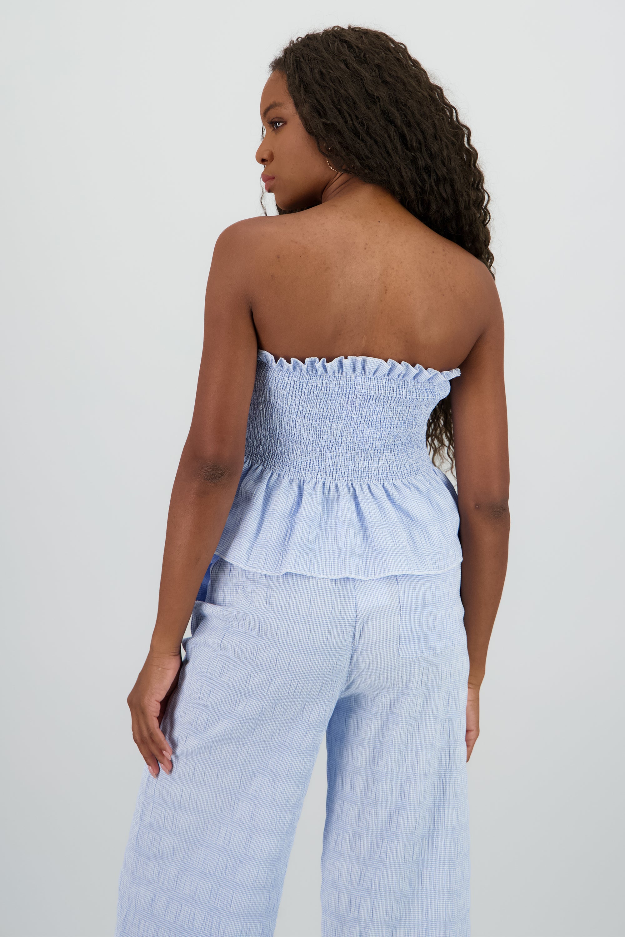 Top strapless cuadros con textura AZUL PASTEL