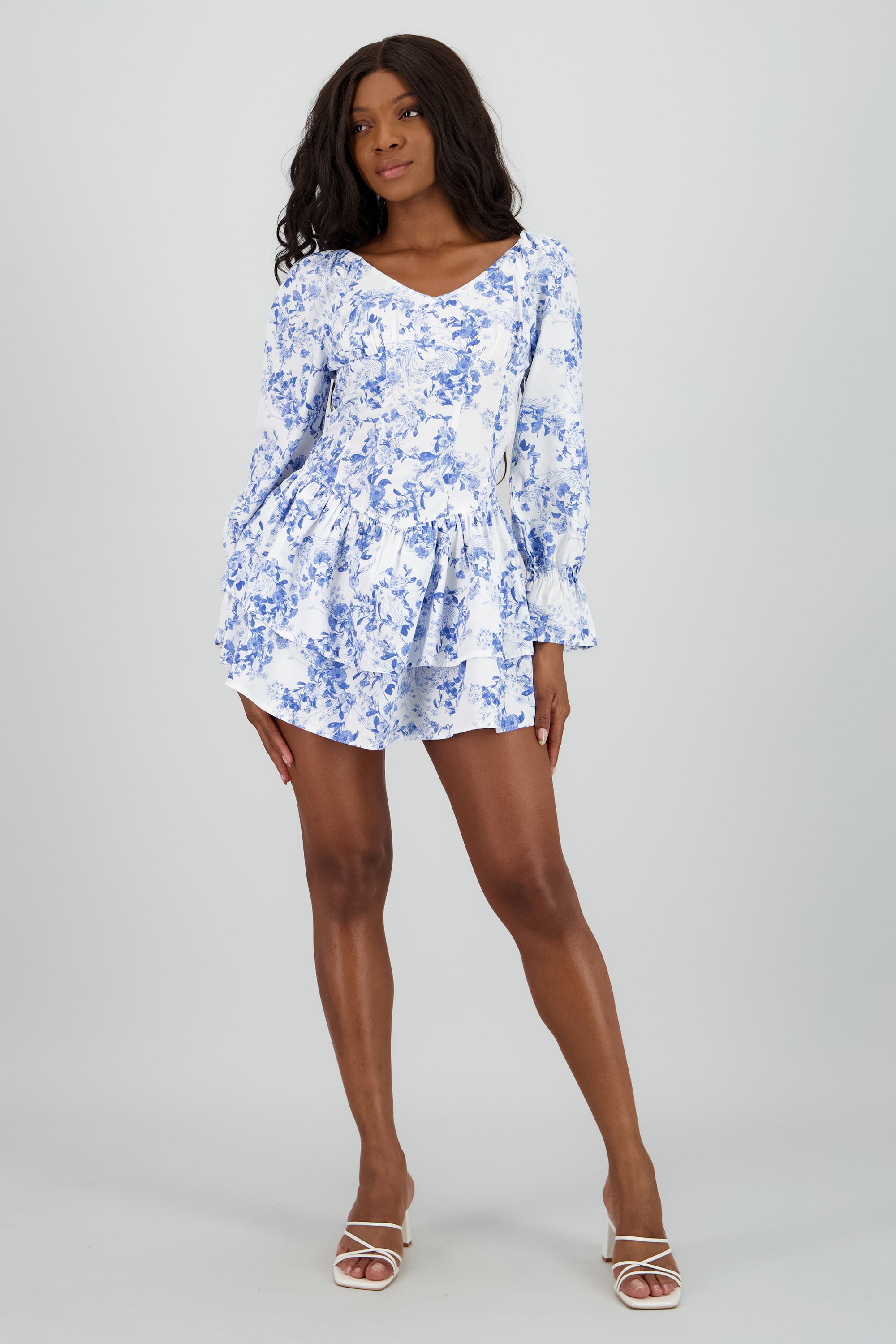 Vestido manga larga olanes estampado AZUL COMBO