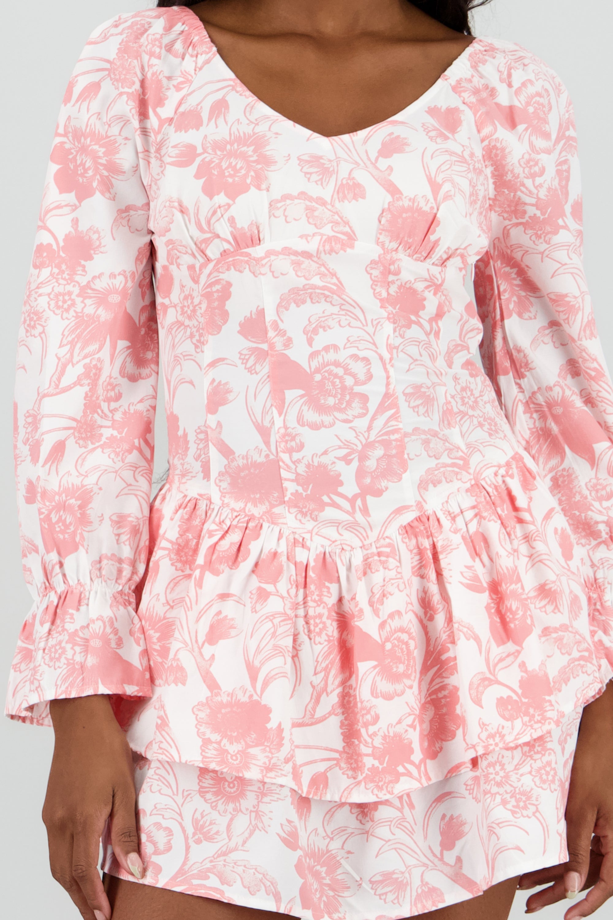Vestido manga larga olanes estampado ROSA COMBO