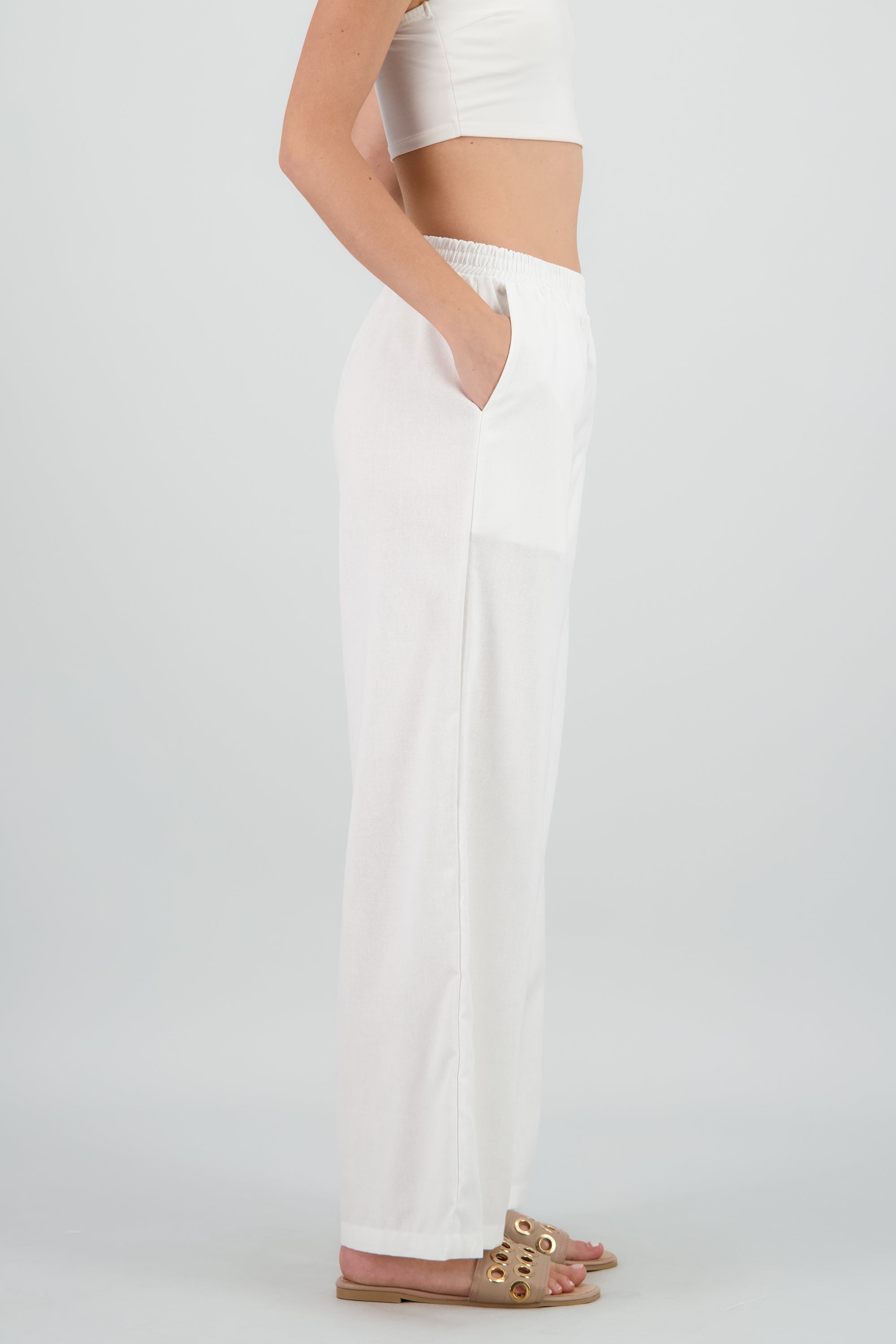 Pantalon amplio lino detalle resorte BLANCO