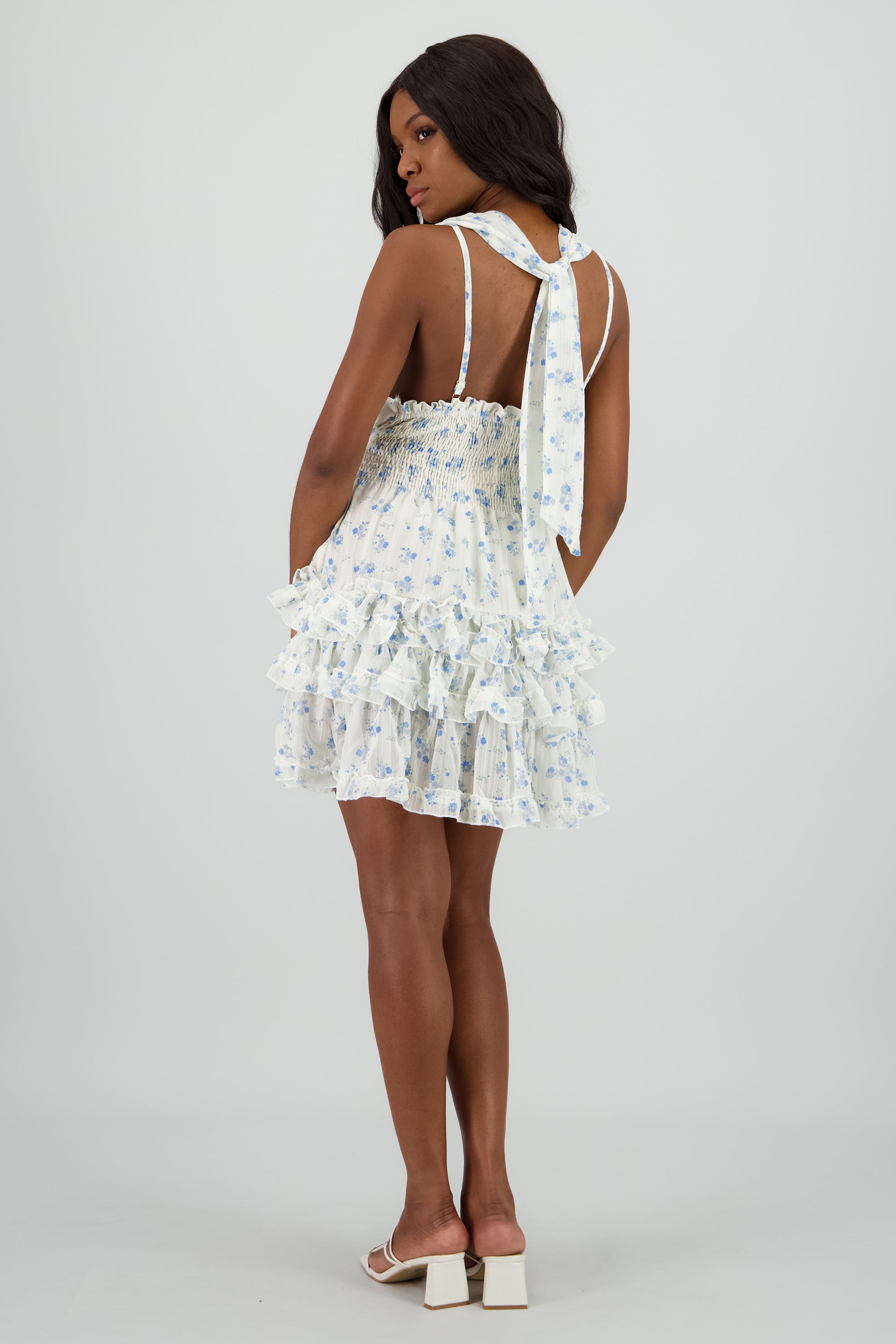 Vestido estampado con mini olanes AZUL COMBO