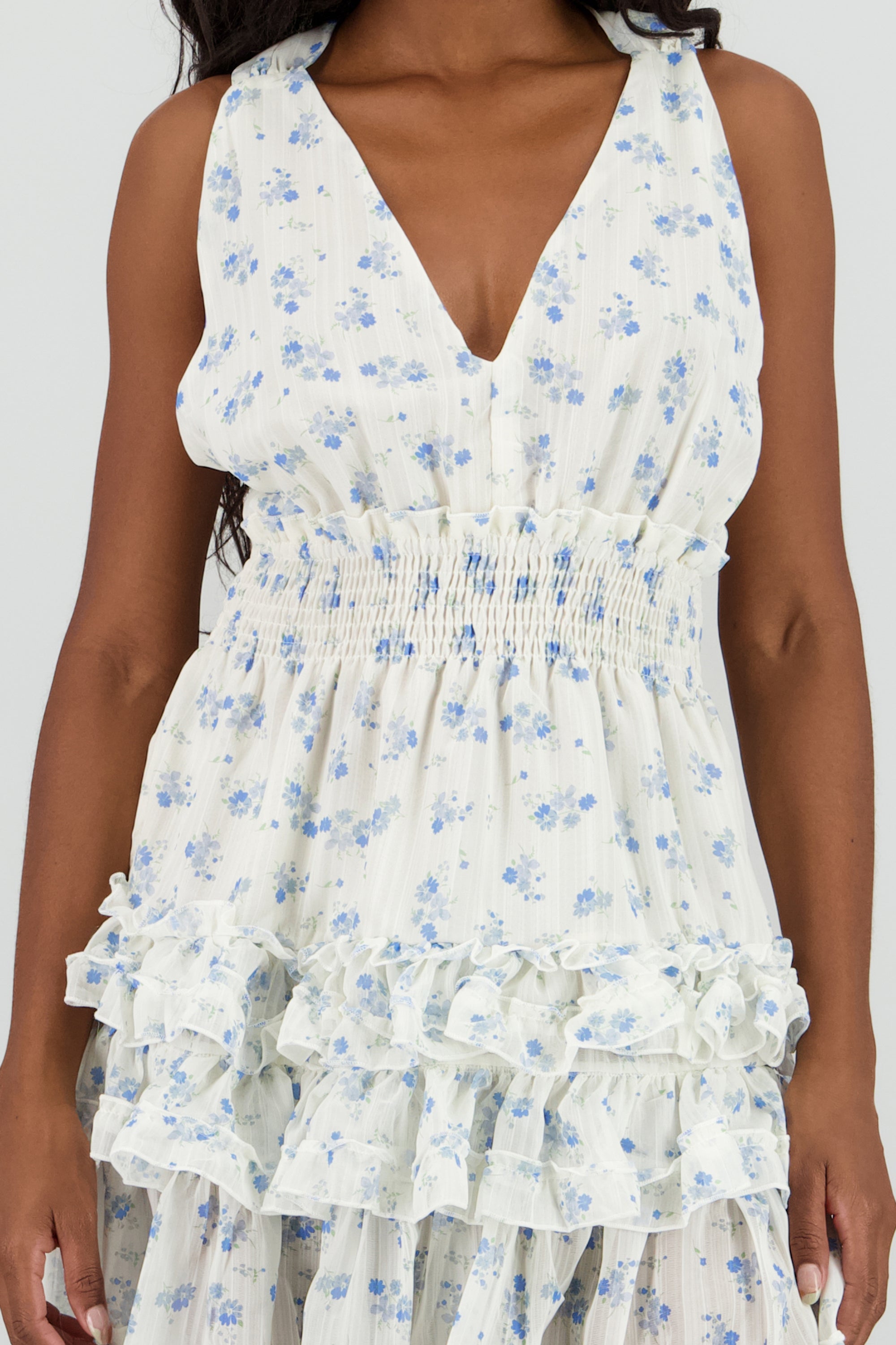 Vestido estampado con mini olanes AZUL COMBO