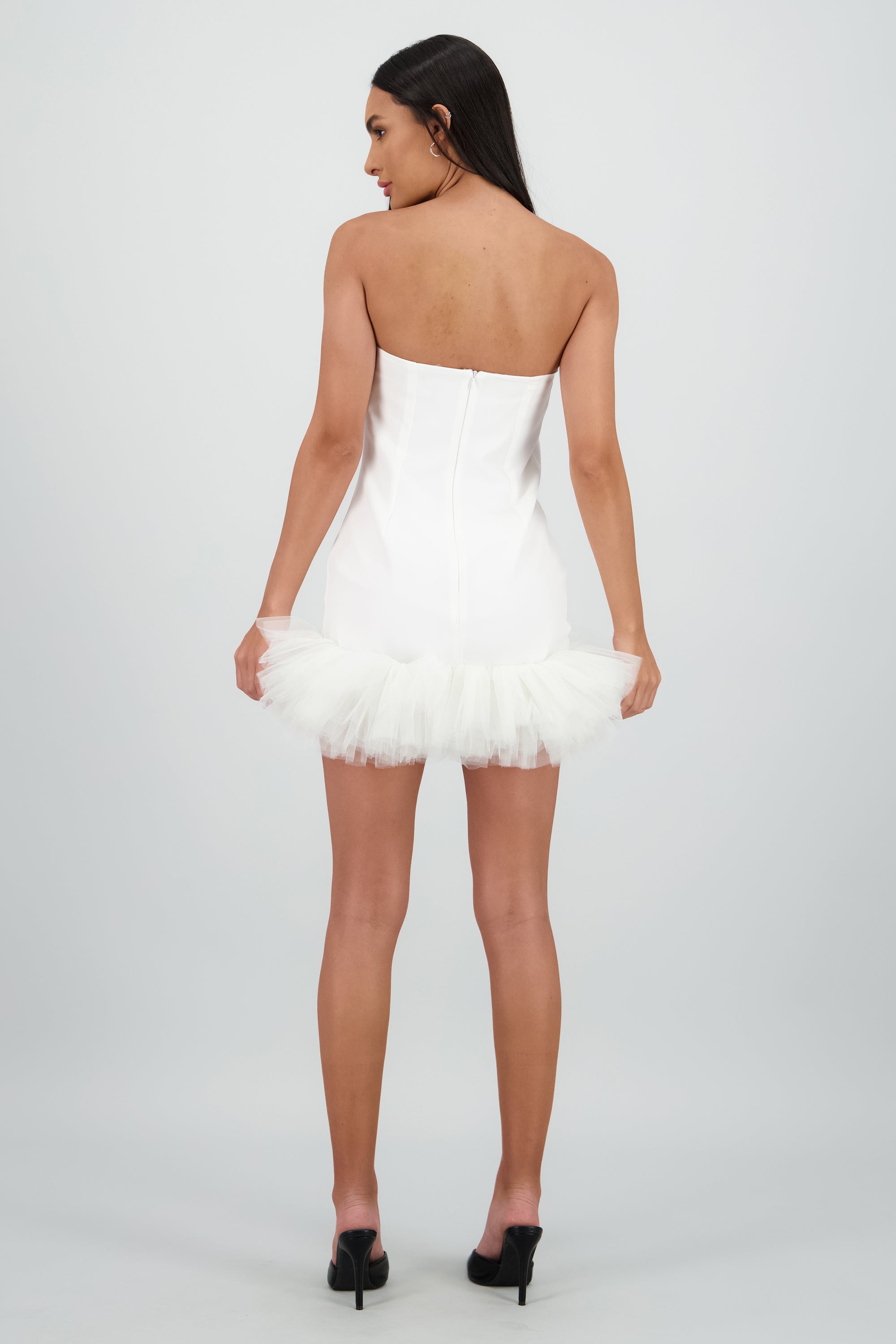Vestido mini strapless detalle tul BLANCO