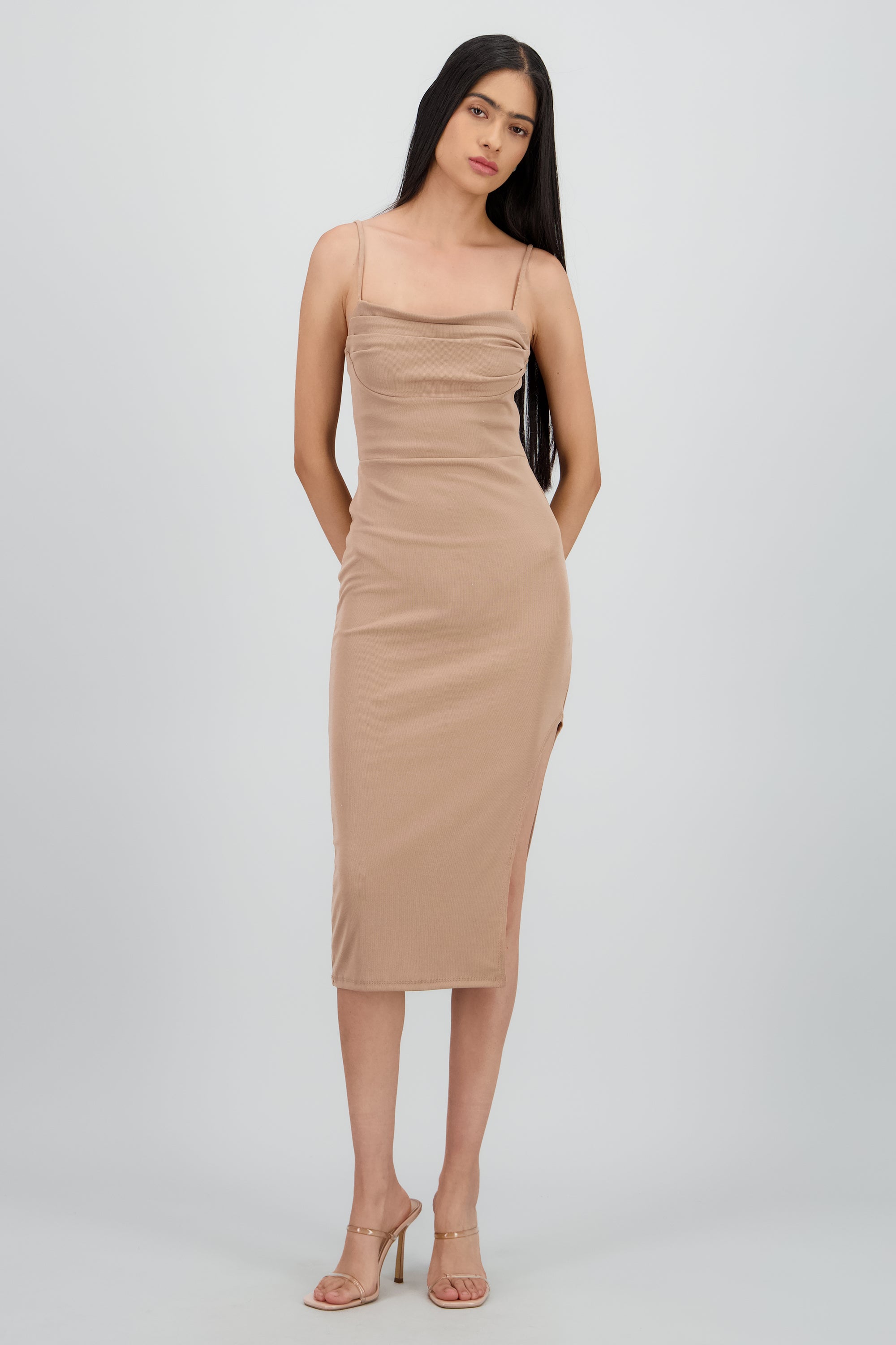 Vestido midi escote drapeado TAUPE