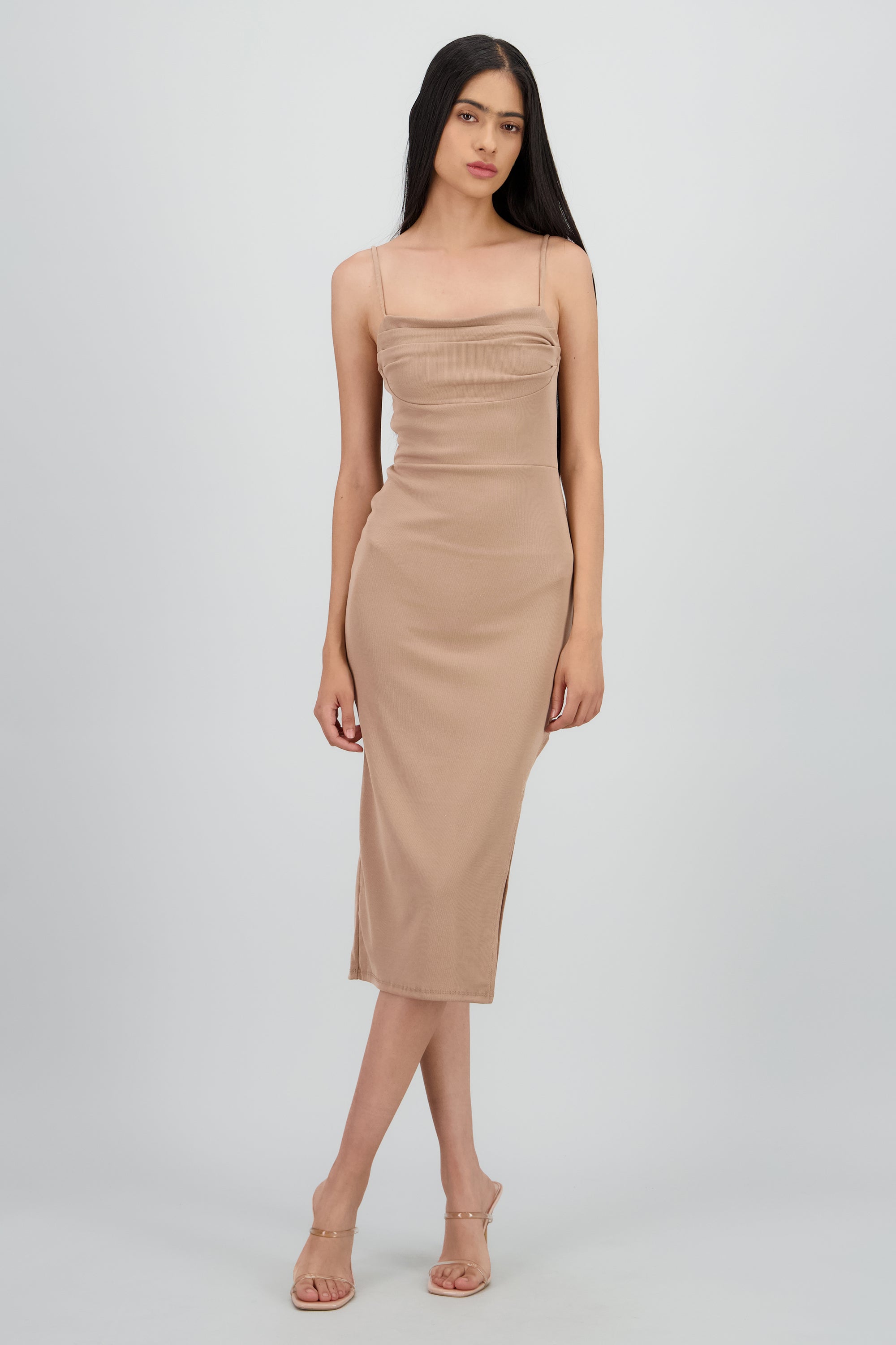Vestido midi escote drapeado TAUPE