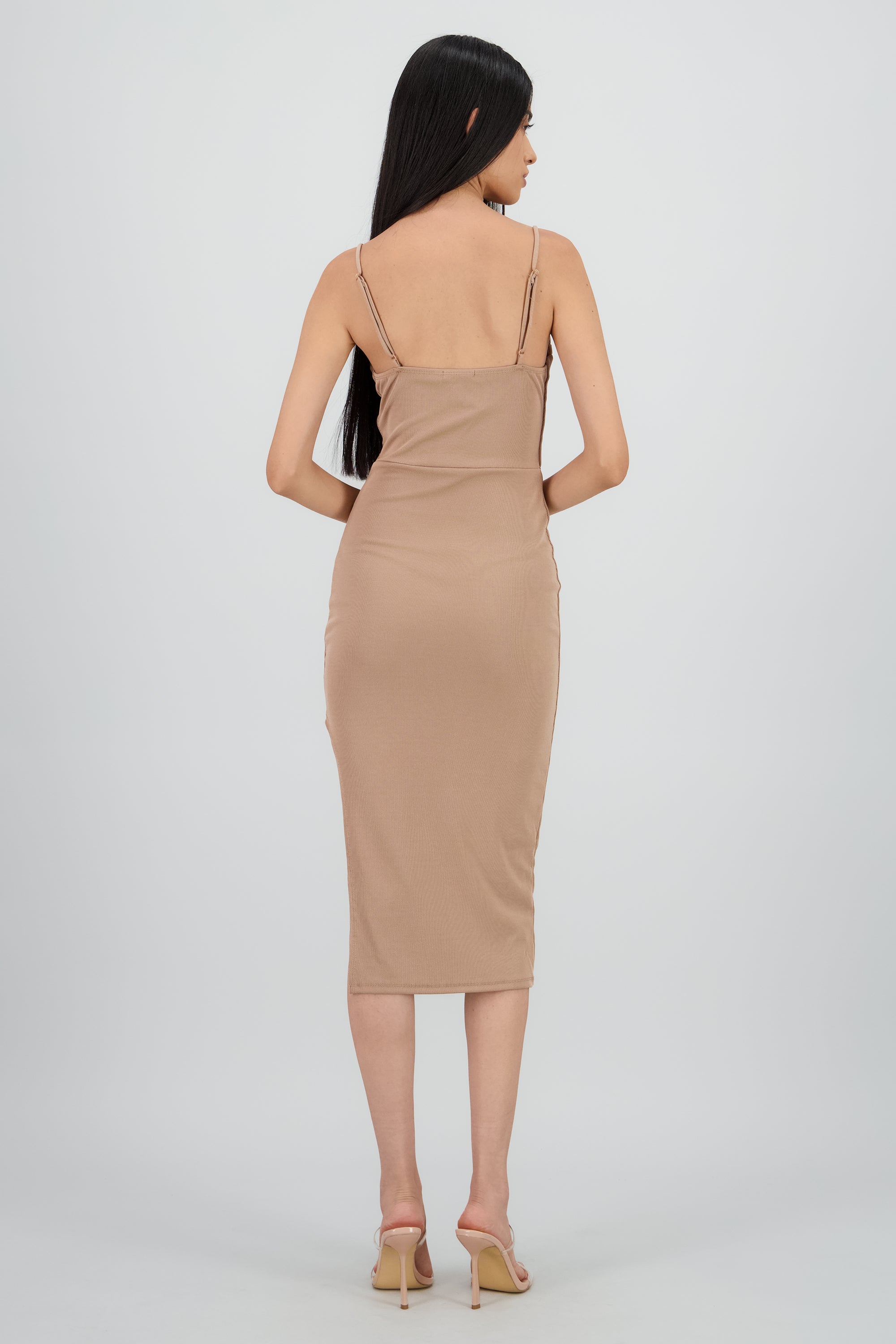 Vestido midi escote drapeado TAUPE