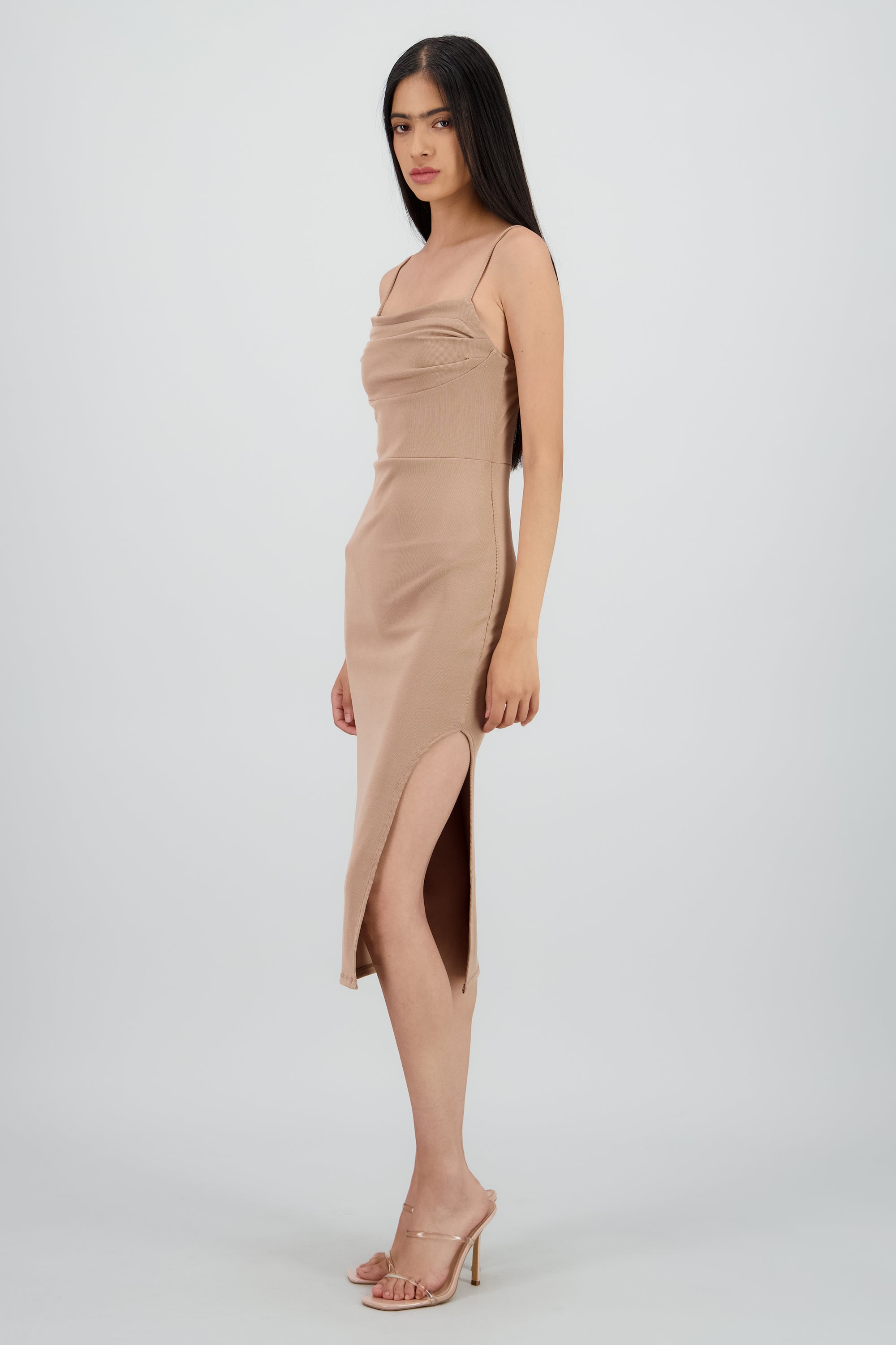 Vestido midi escote drapeado TAUPE
