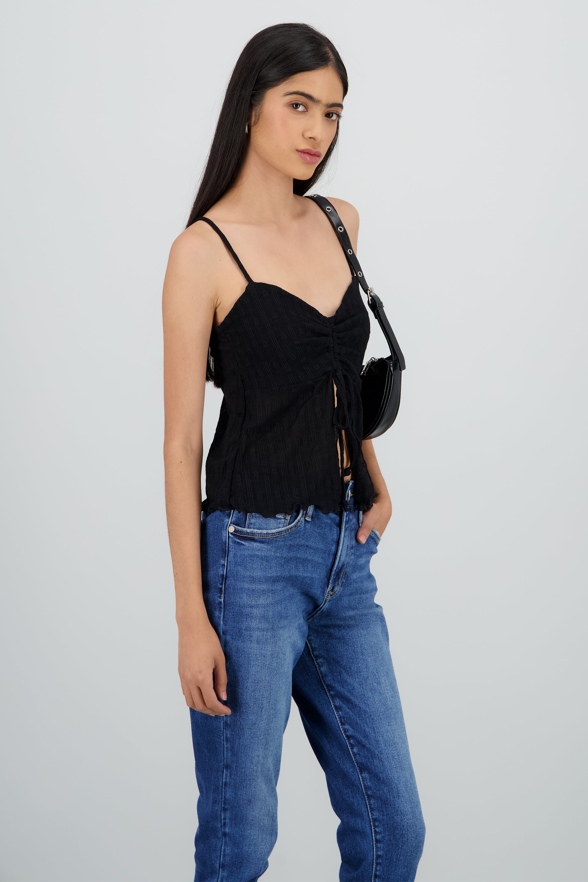 Blusa tirantes encaje detalle fruncido NEGRO