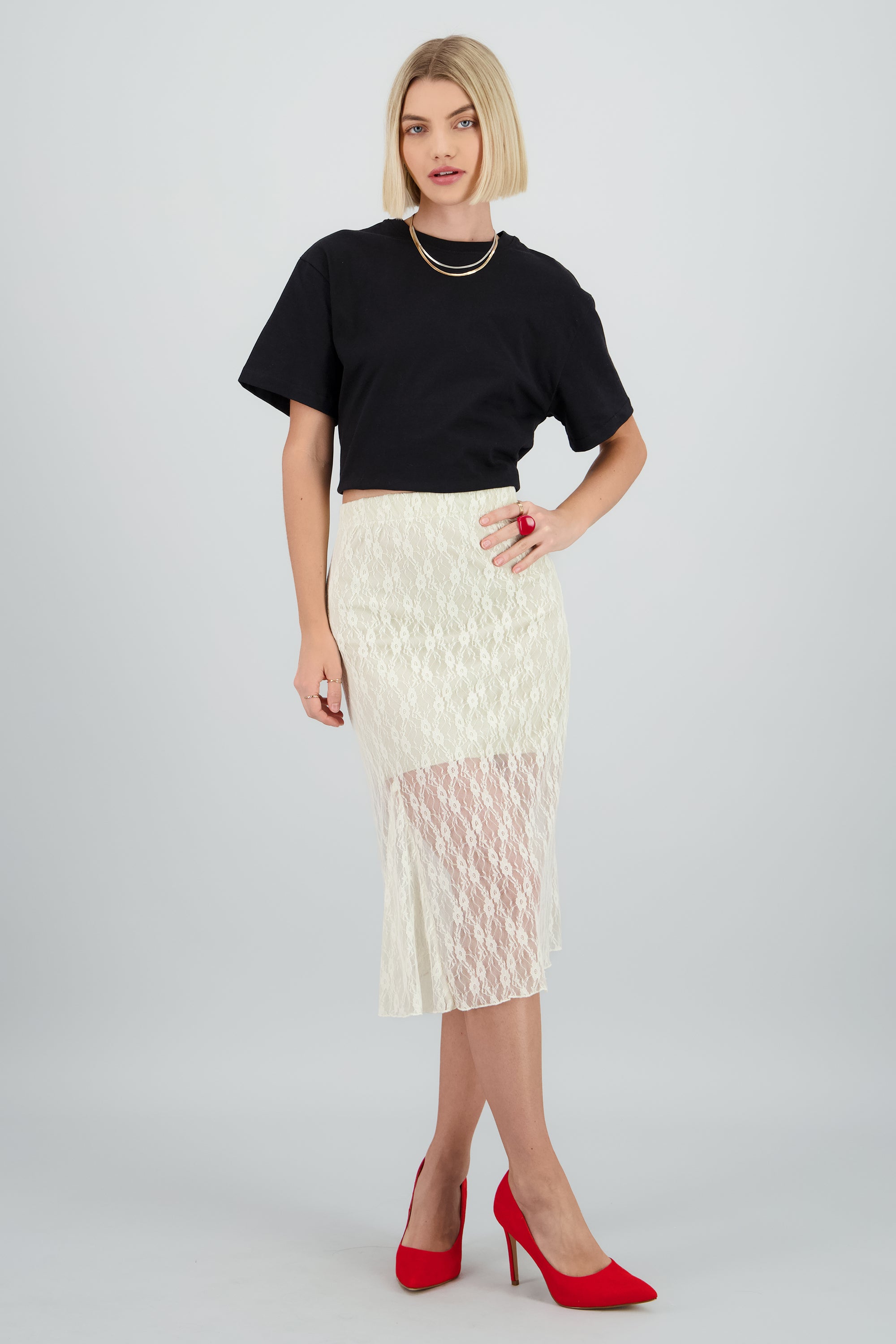 Falda midi rsorte detalle encaje HUESO