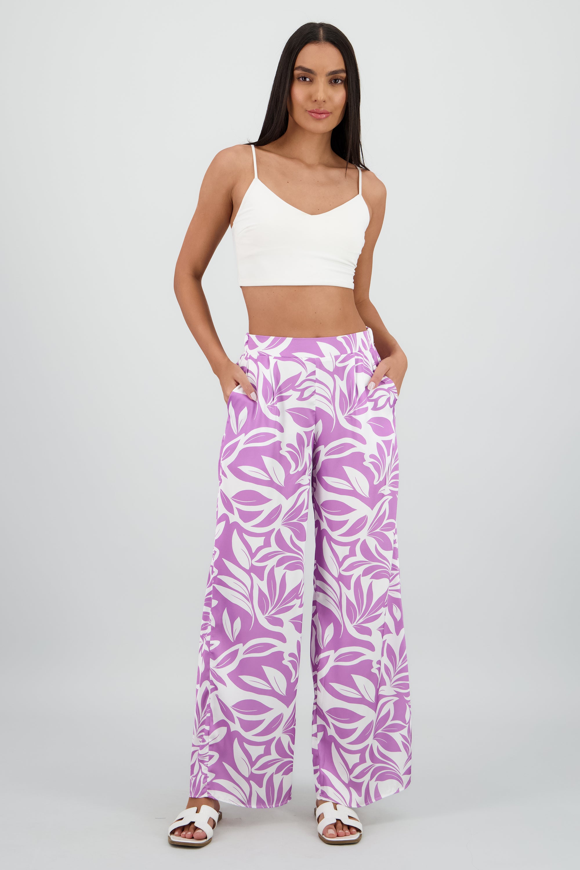 Pantalon wide leg satin estampado flores MORADO COMBO