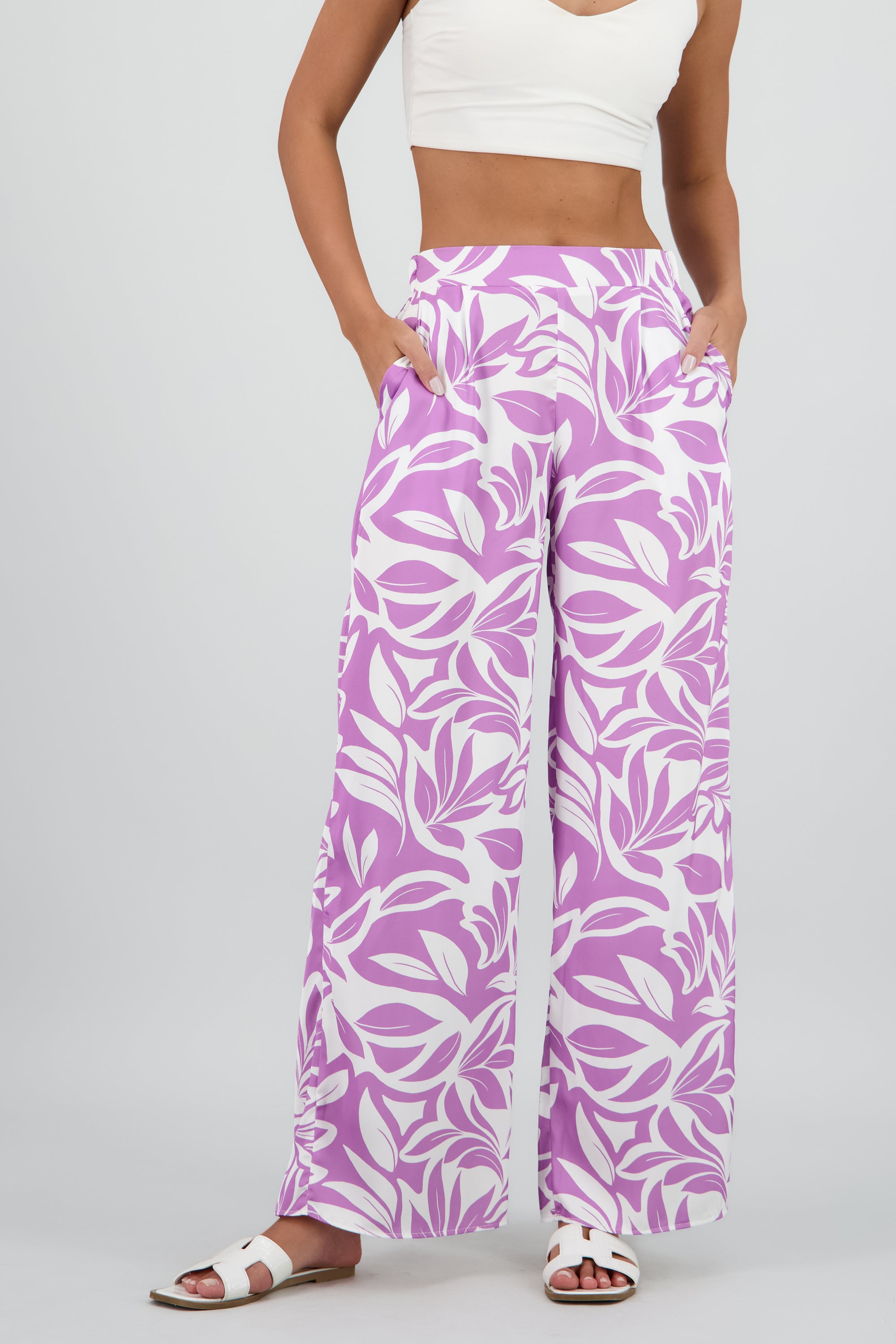 Pantalon wide leg satin estampado flores MORADO COMBO