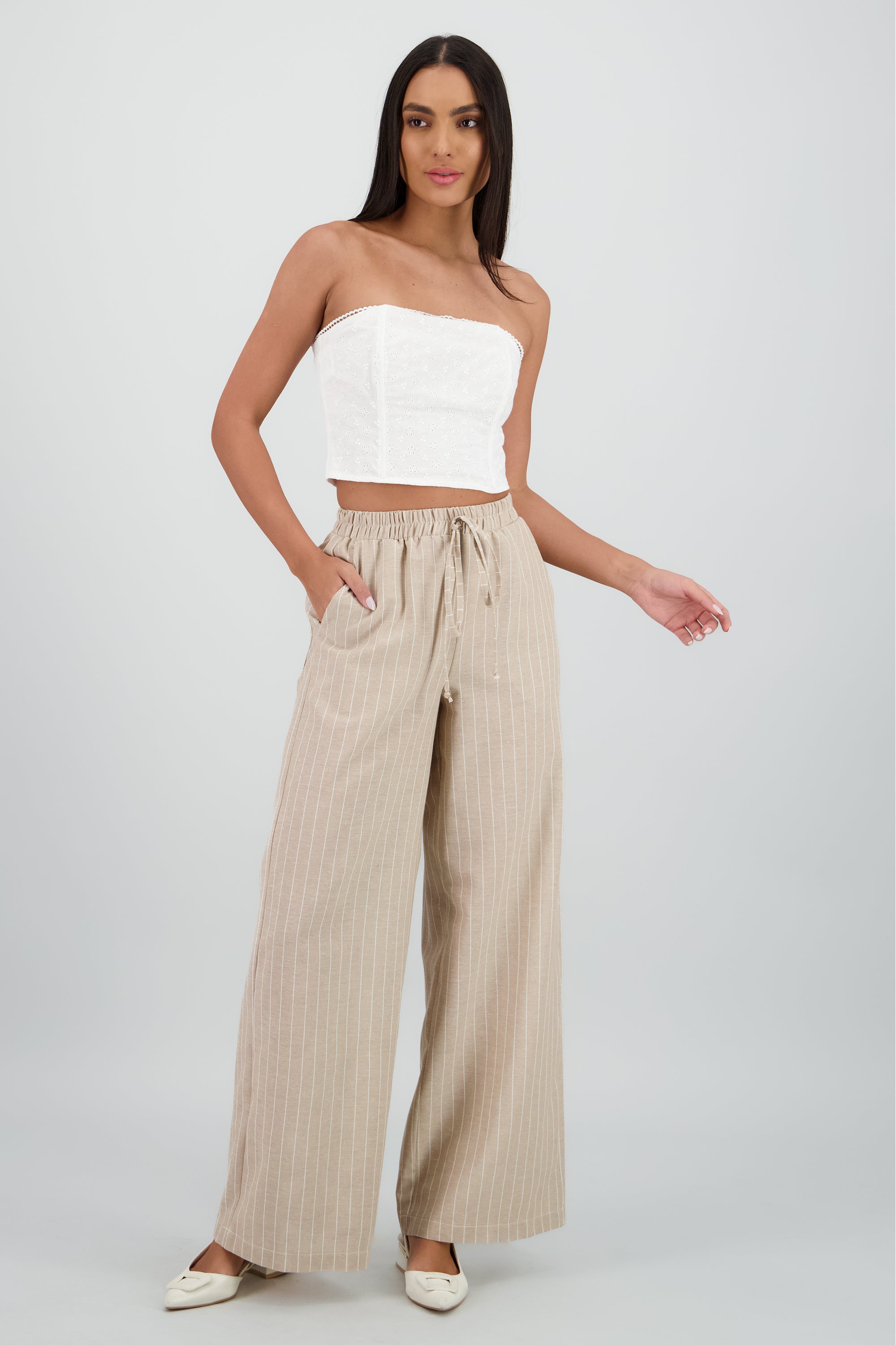 Pantalon fluido ligero rayas KHAKI COMBO