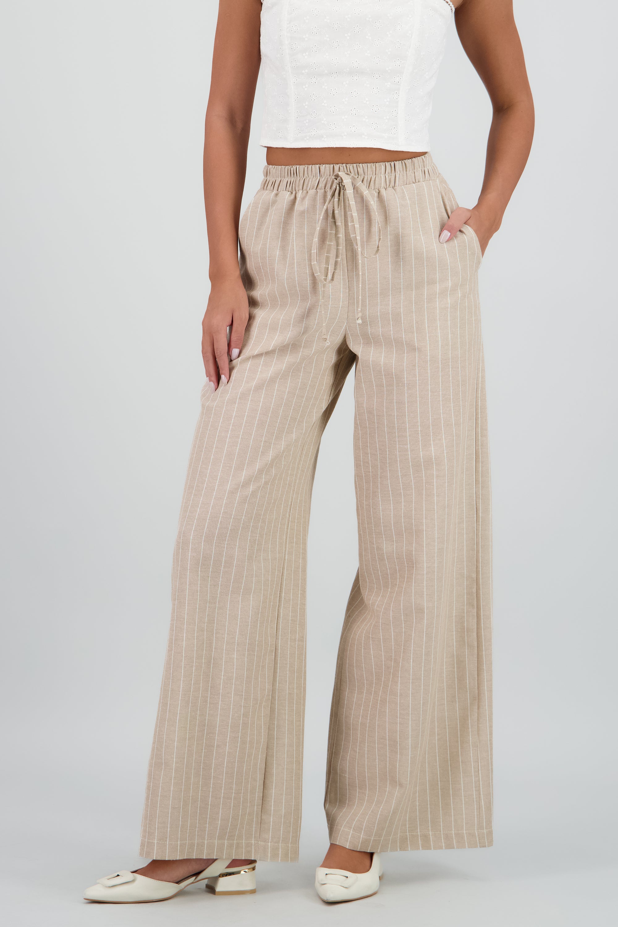 Pantalon fluido ligero rayas KHAKI COMBO
