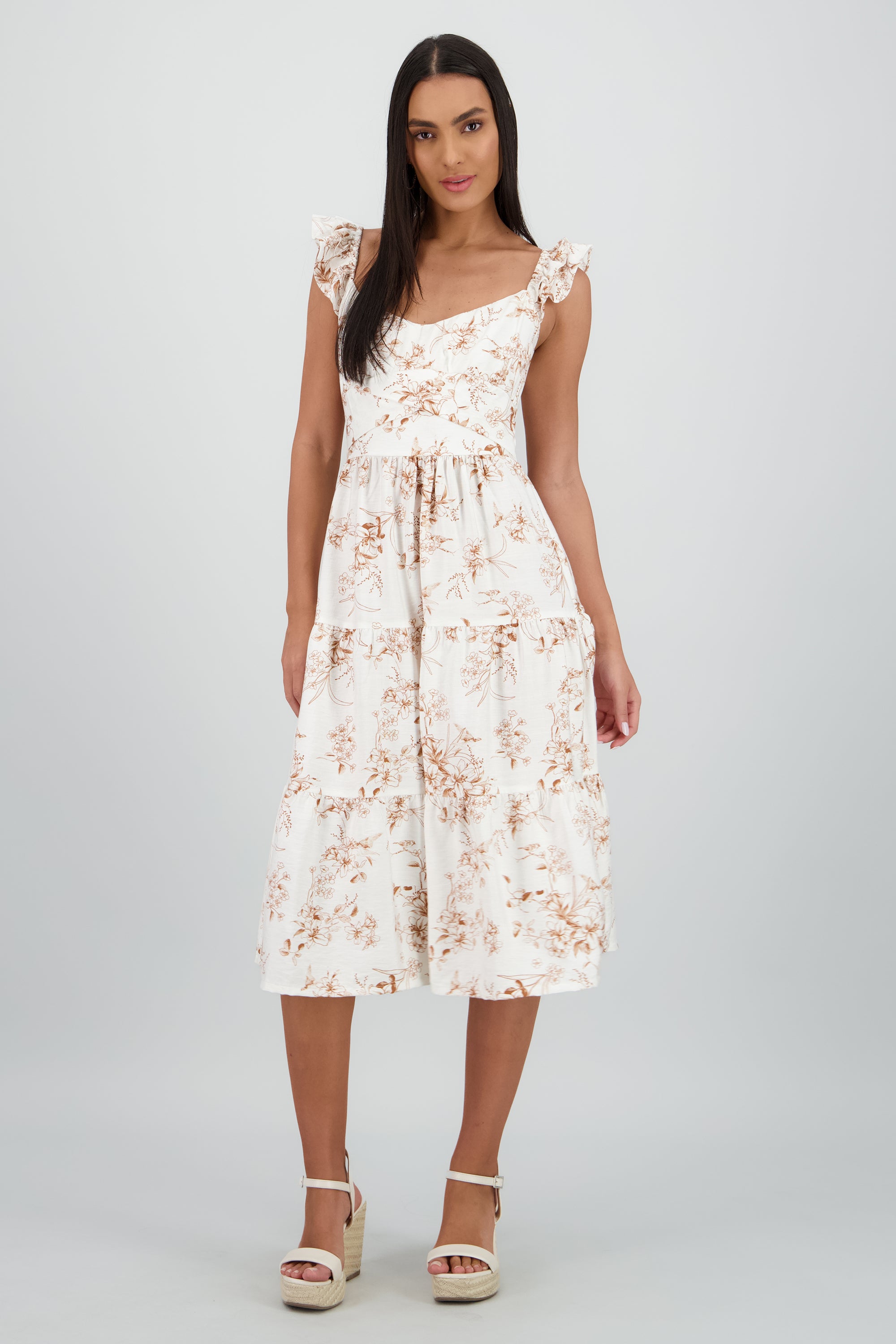 Vestido midi detalle olanes estampado flores CAFE COMBO