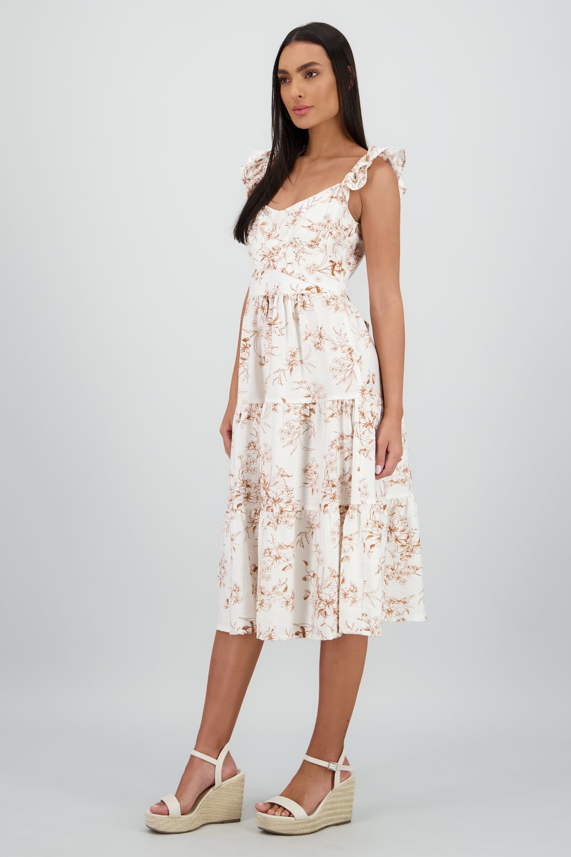 Vestido midi detalle olanes estampado flores CAFE COMBO