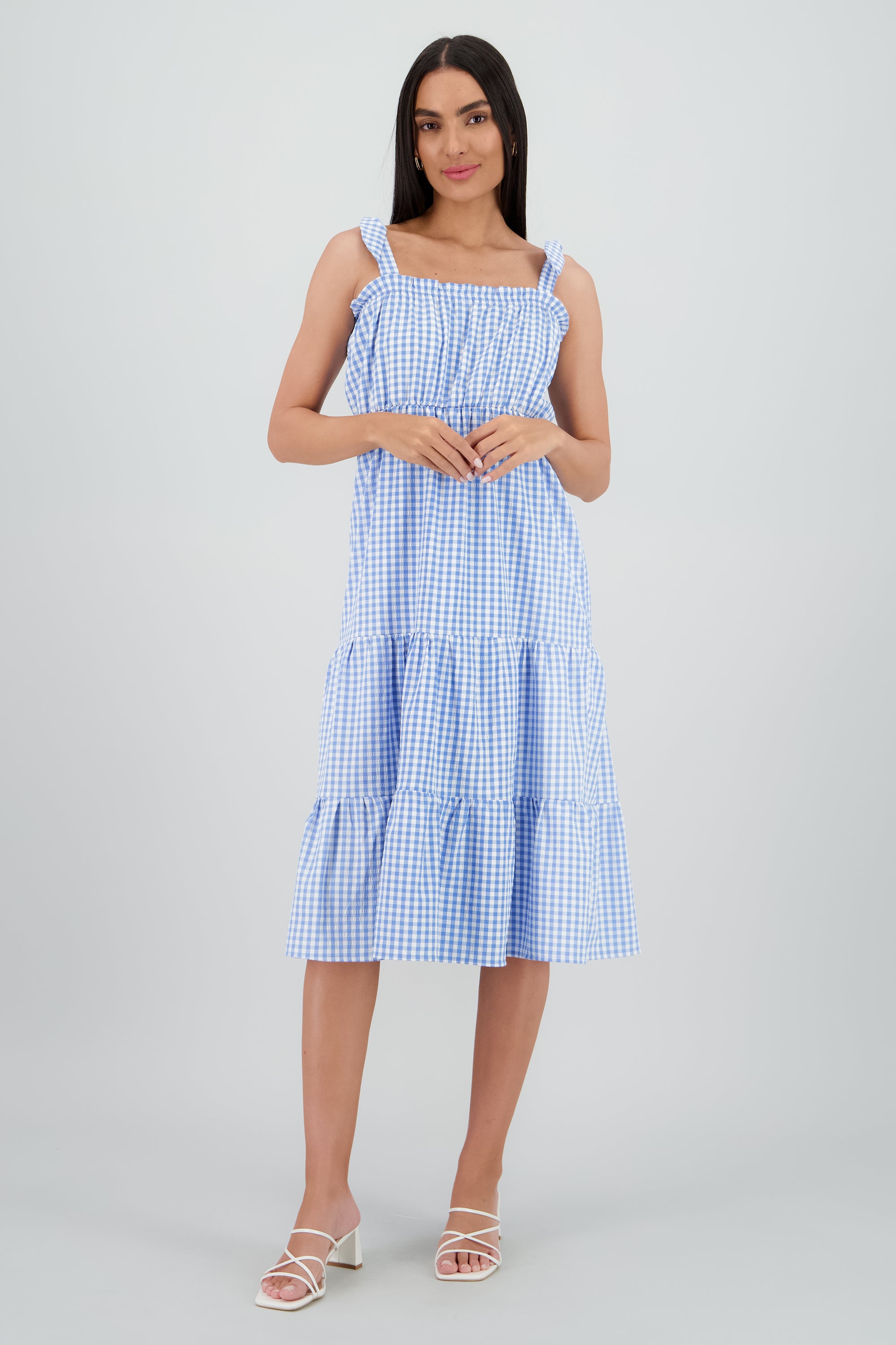 Vestido tirantes midi olanes detalle textura AZUL COMBO