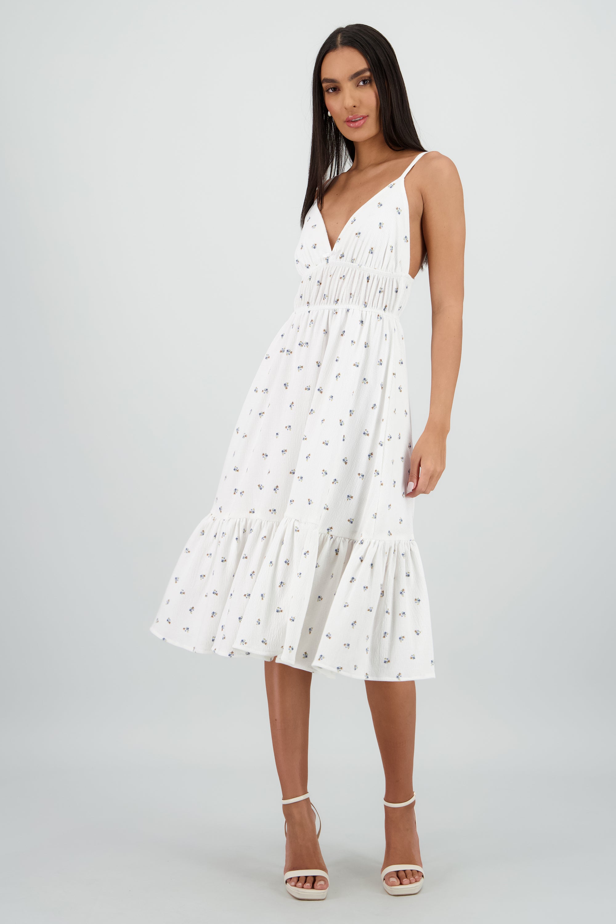 Vestido midi tirantes escote v BLANCO COMBO