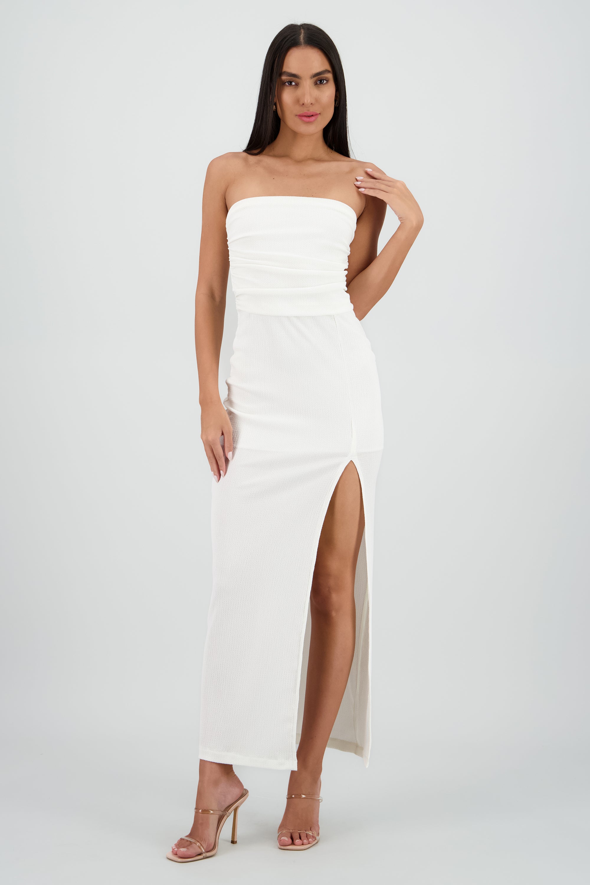 Vestido midi strapless drapeado abertura BLANCO