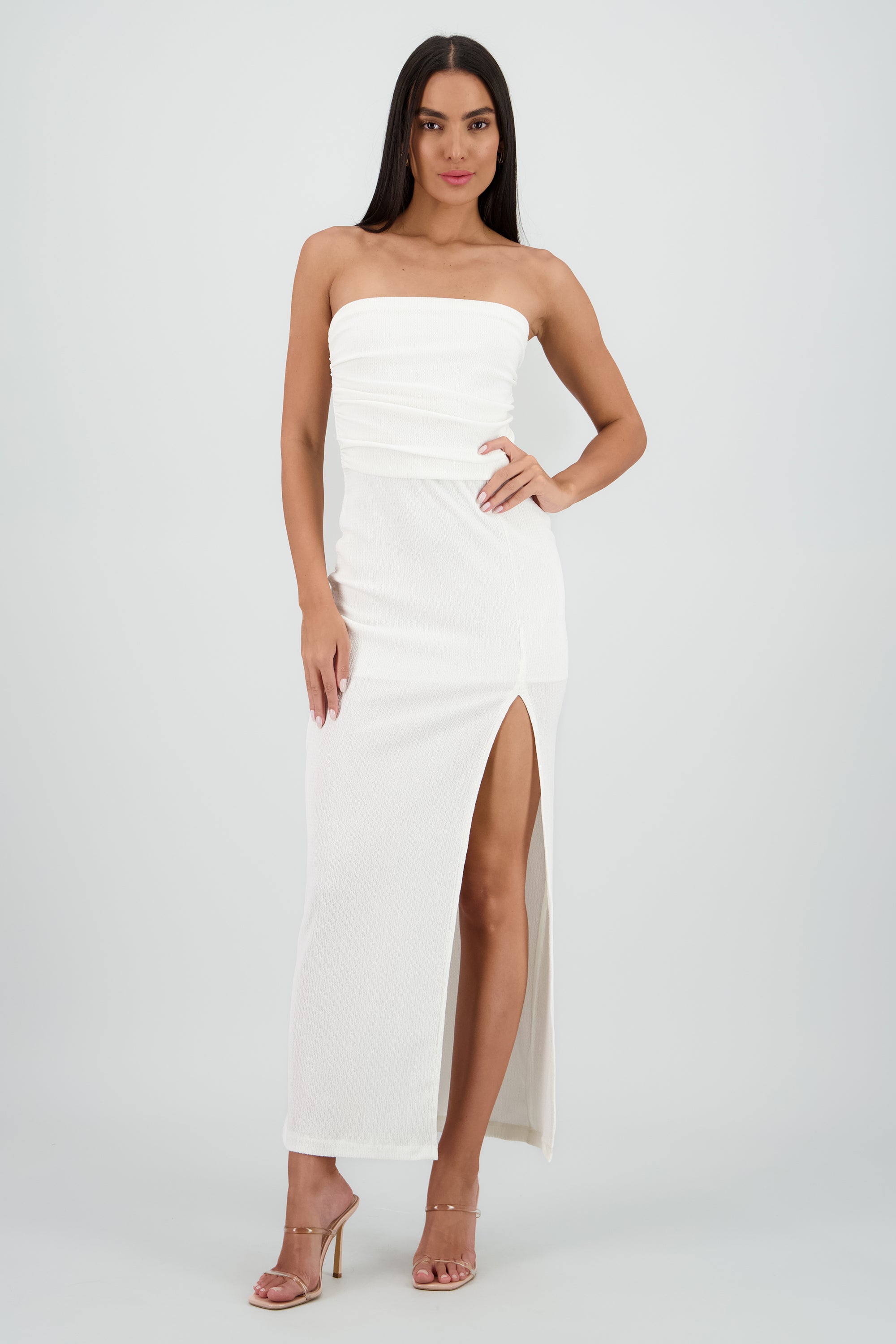 Vestido midi strapless drapeado abertura BLANCO