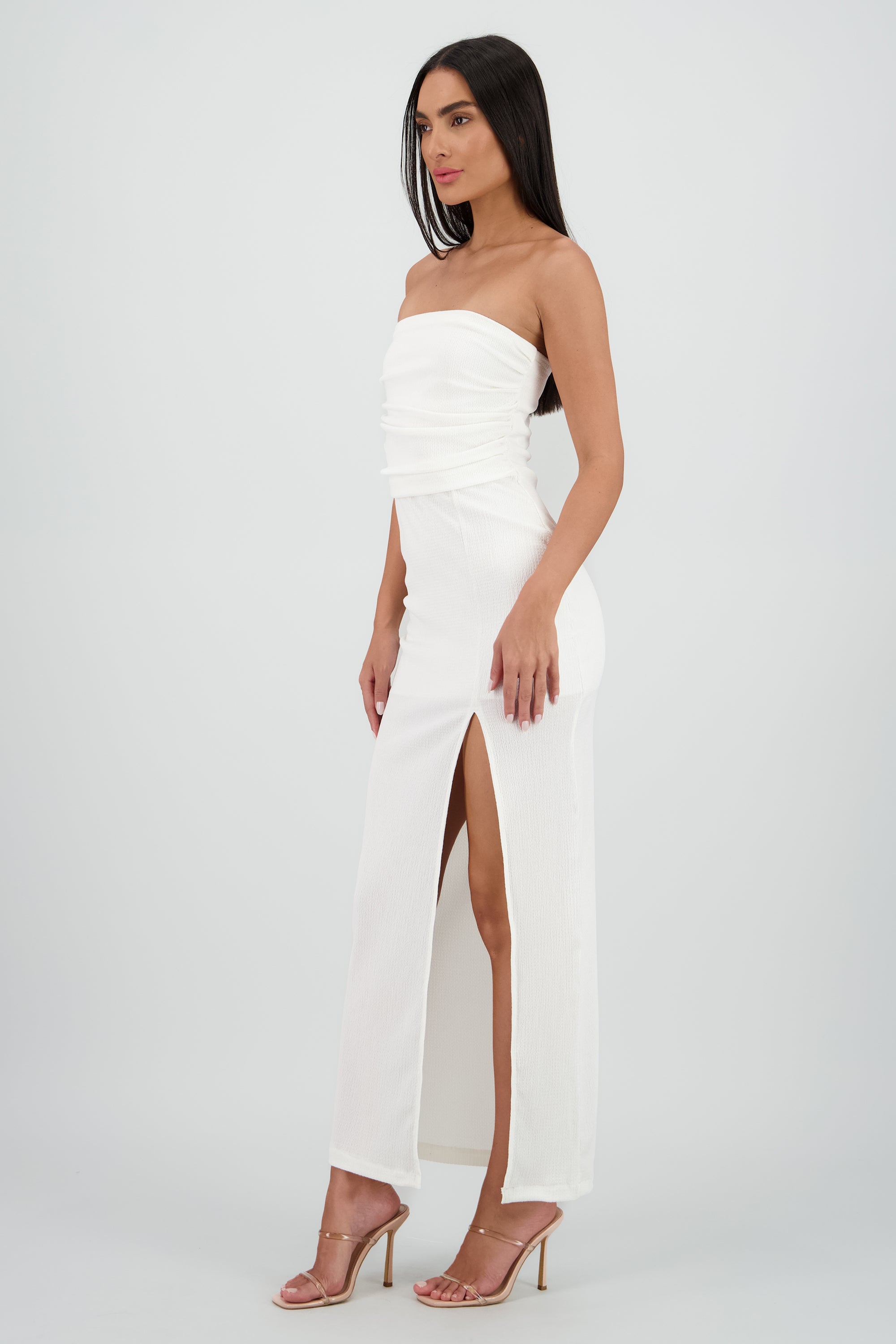 Vestido midi strapless drapeado abertura BLANCO