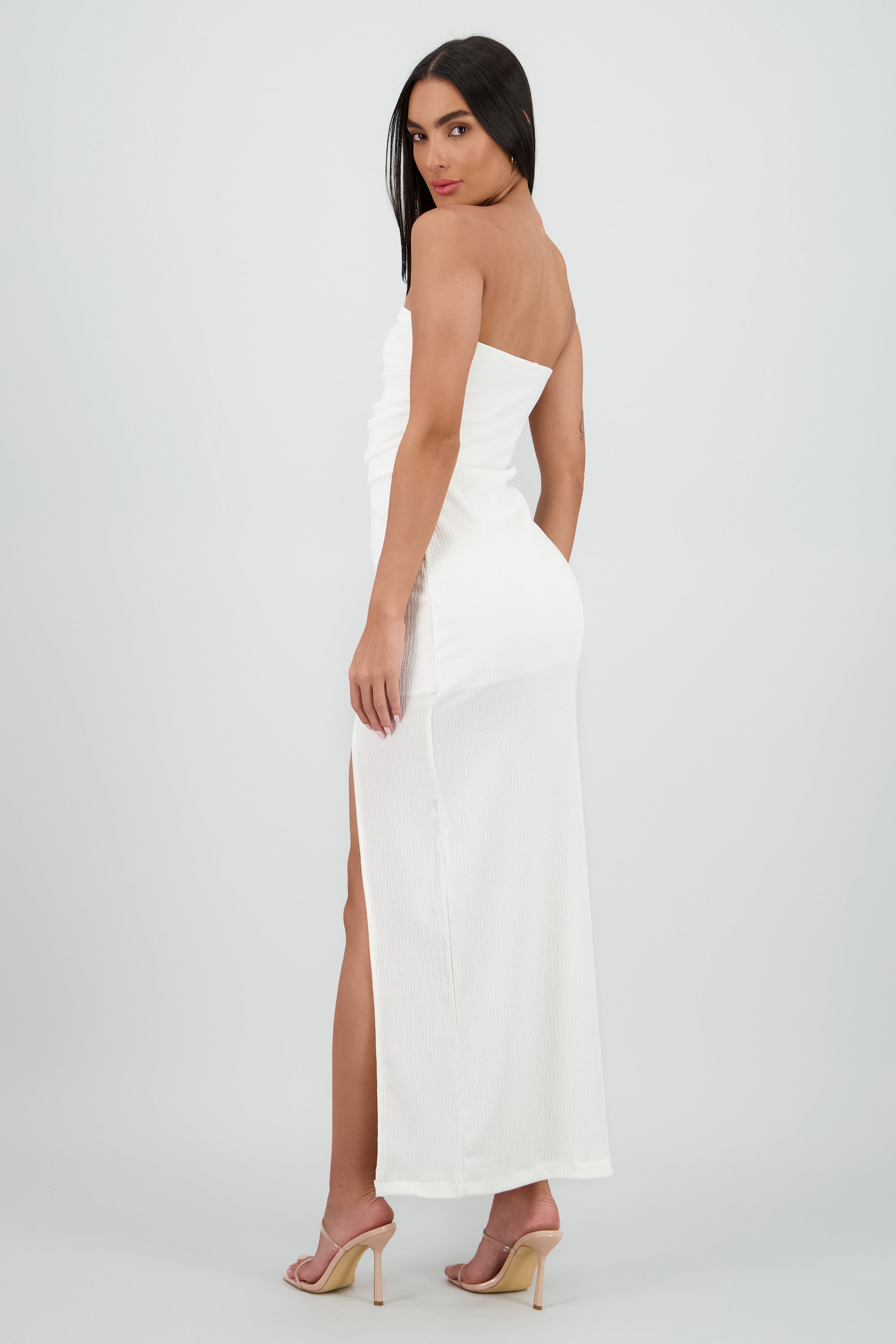 Vestido midi strapless drapeado abertura BLANCO