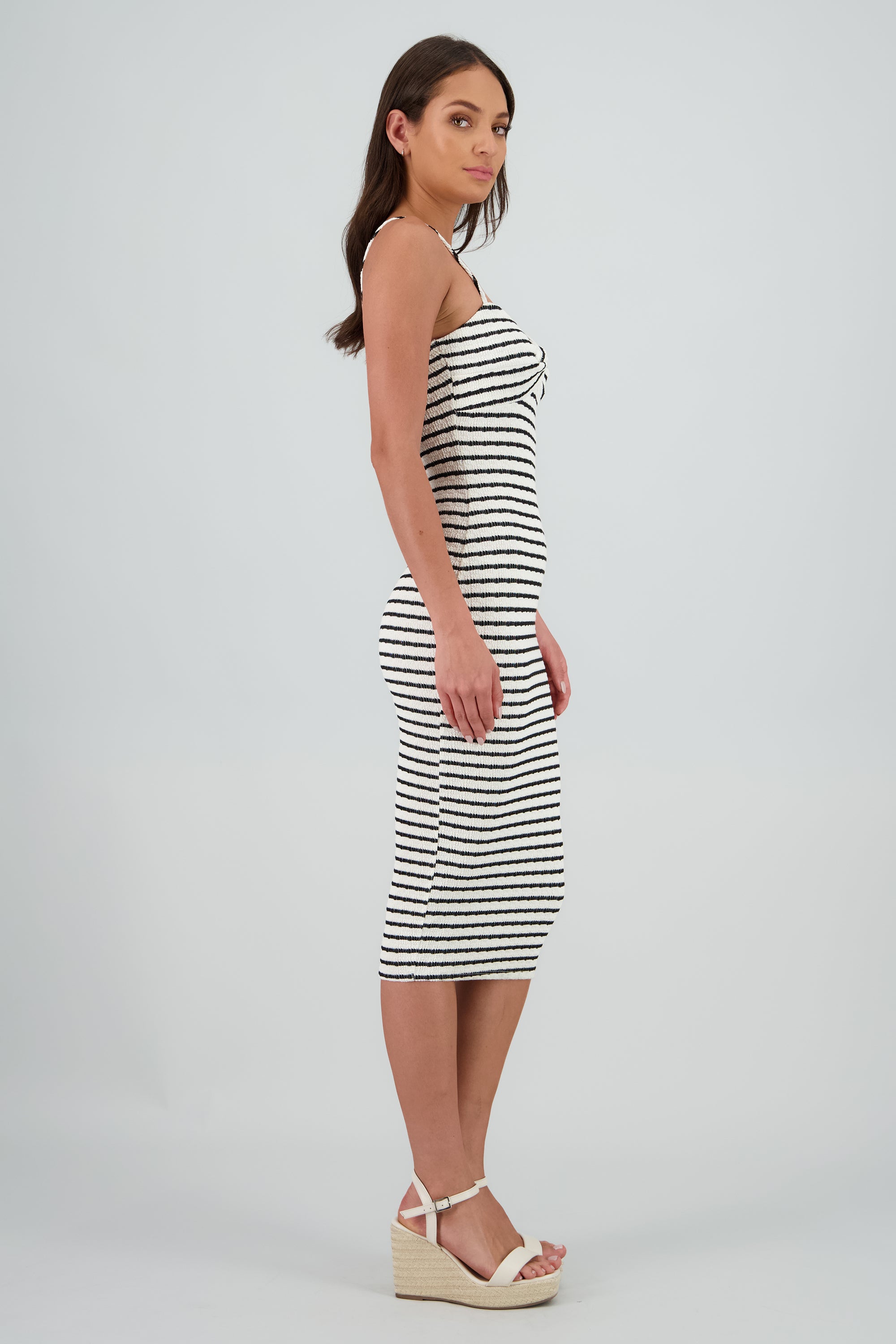 Vestido midi estampado rayas textura BLANCO COMBO