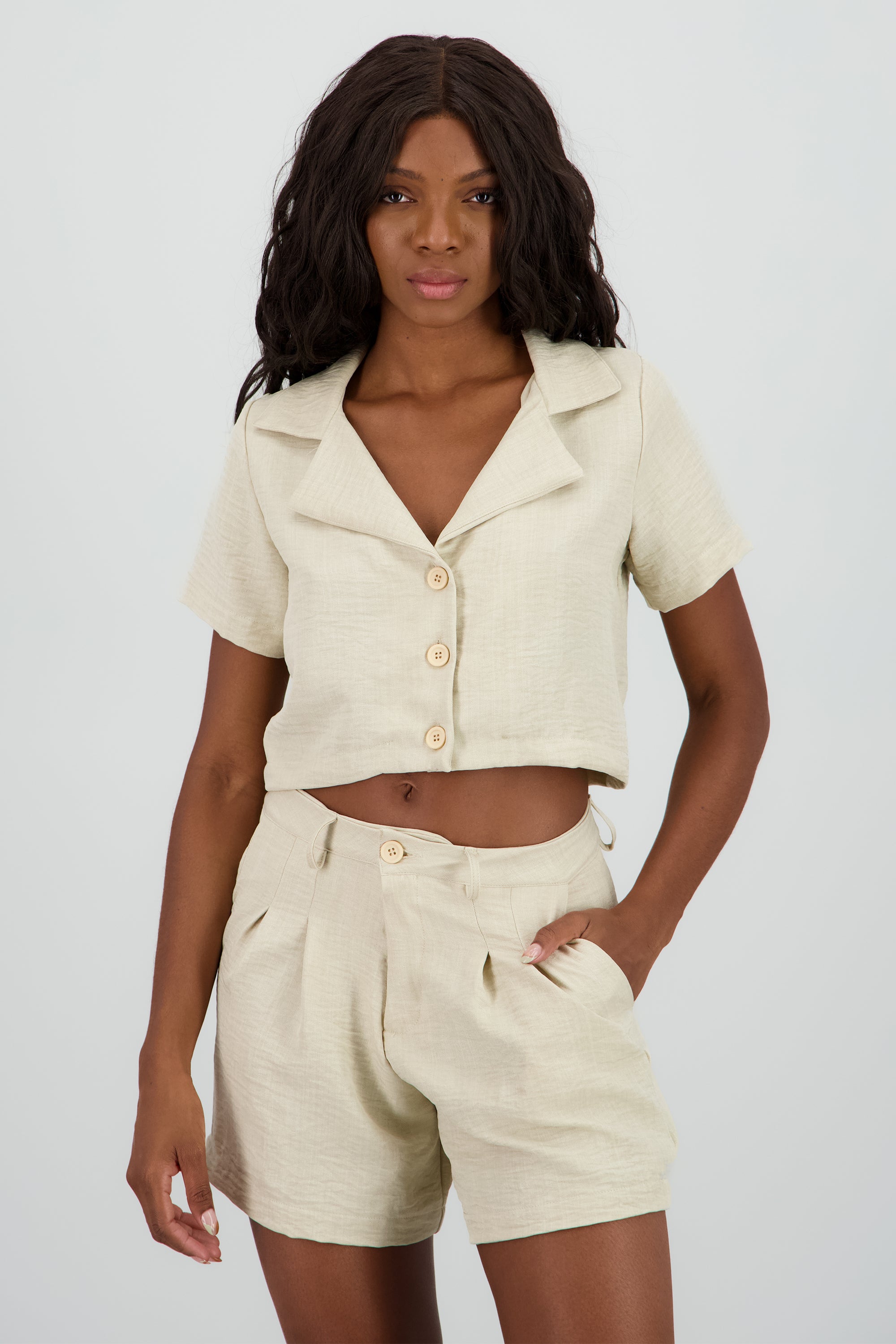 Camisa crop manga corta BEIGE