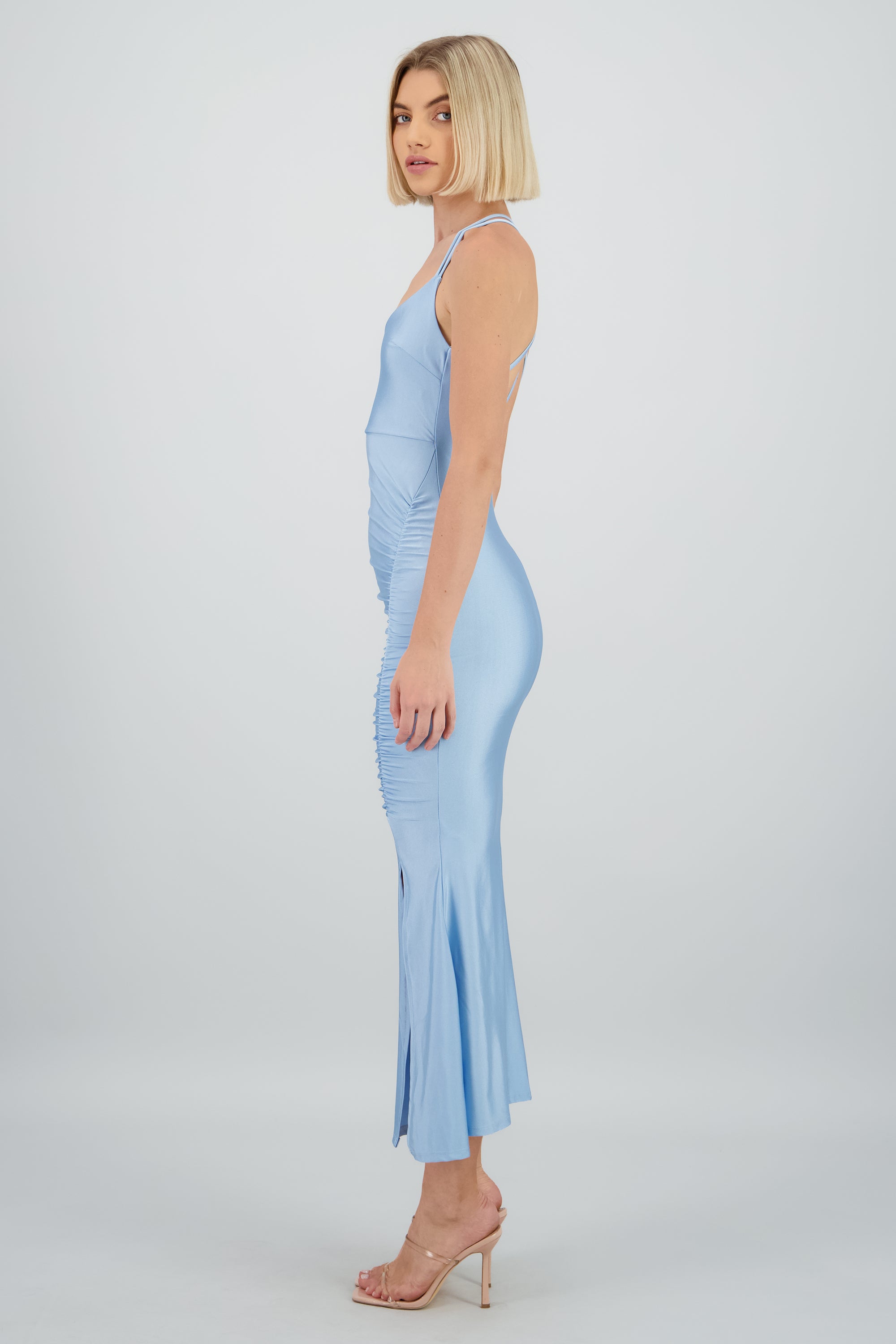 Vestido maxi satin drapeado AZUL CIELO