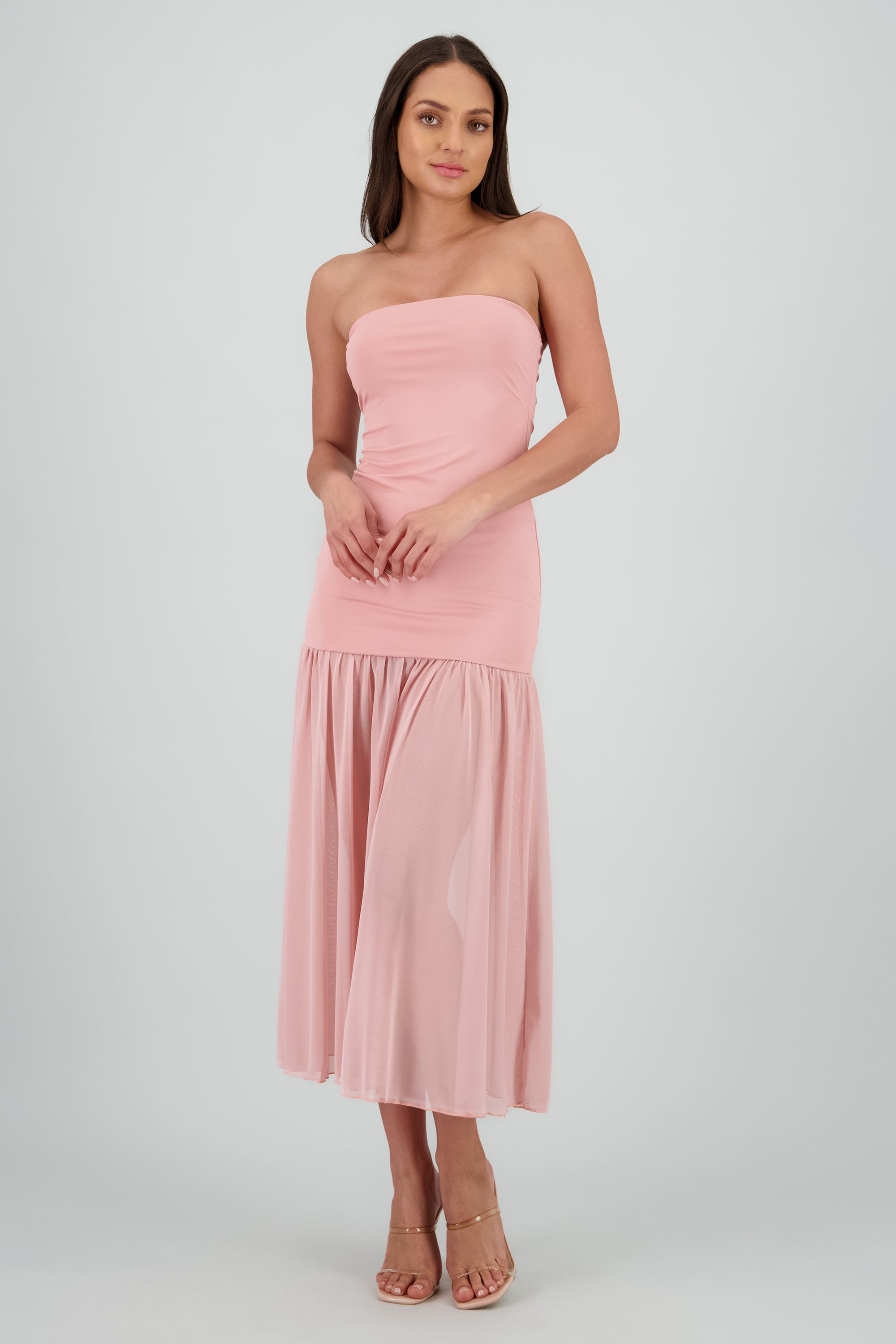 Vestido strapless detalle transparencia ROSA PASTEL