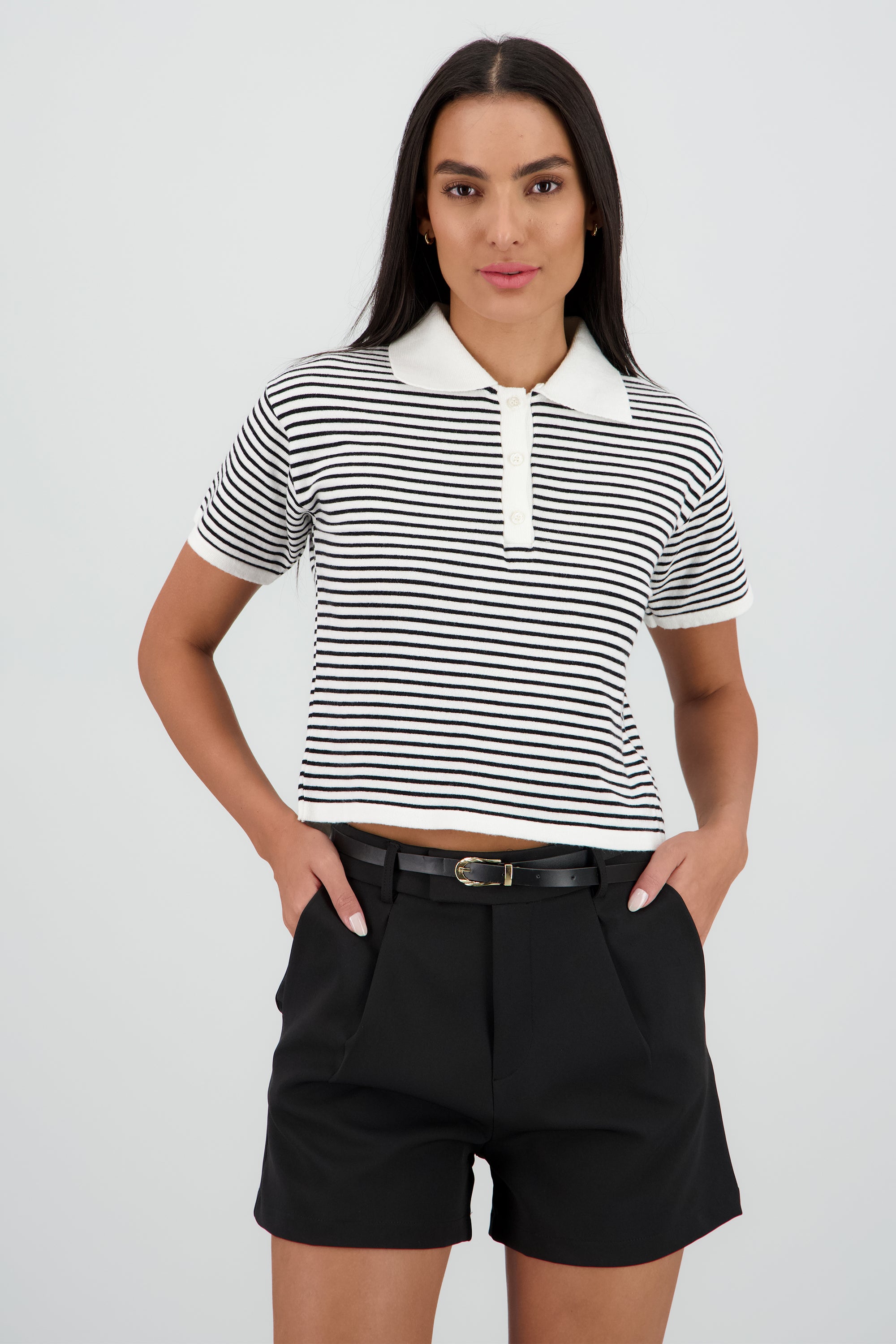 Top tejido cuello polo rayas BLANCO COMBO