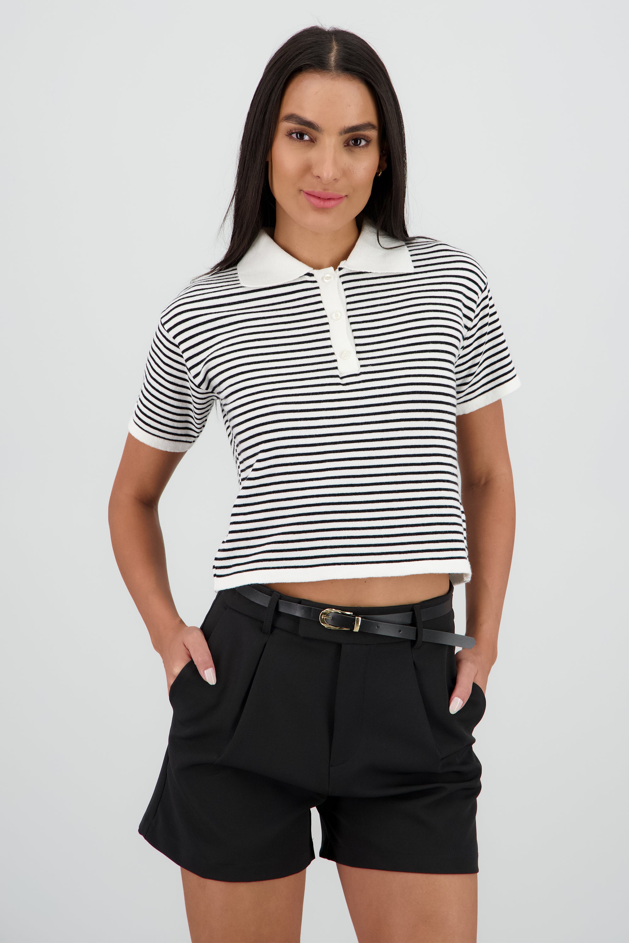 Top tejido cuello polo rayas BLANCO COMBO