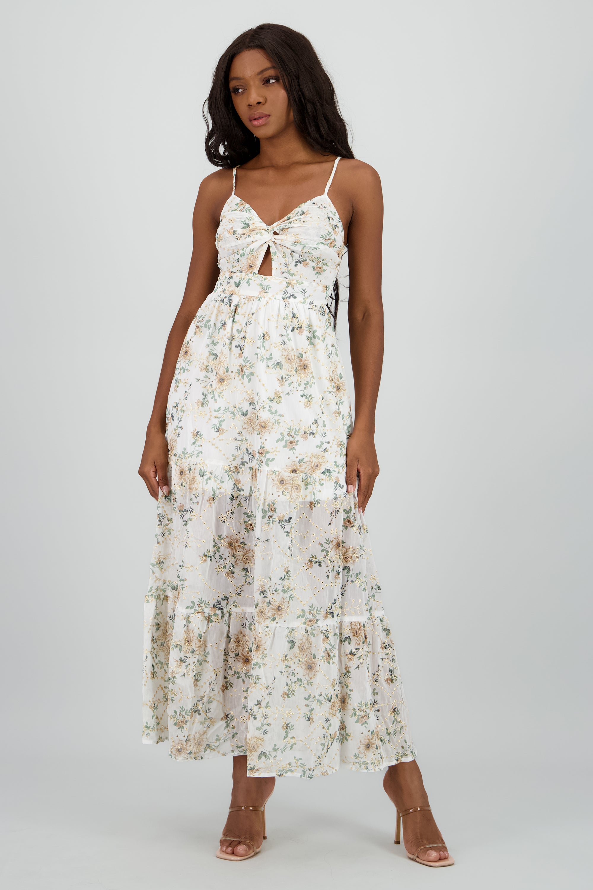 Vestido maxi con bordado y cut out HUESO COMBO