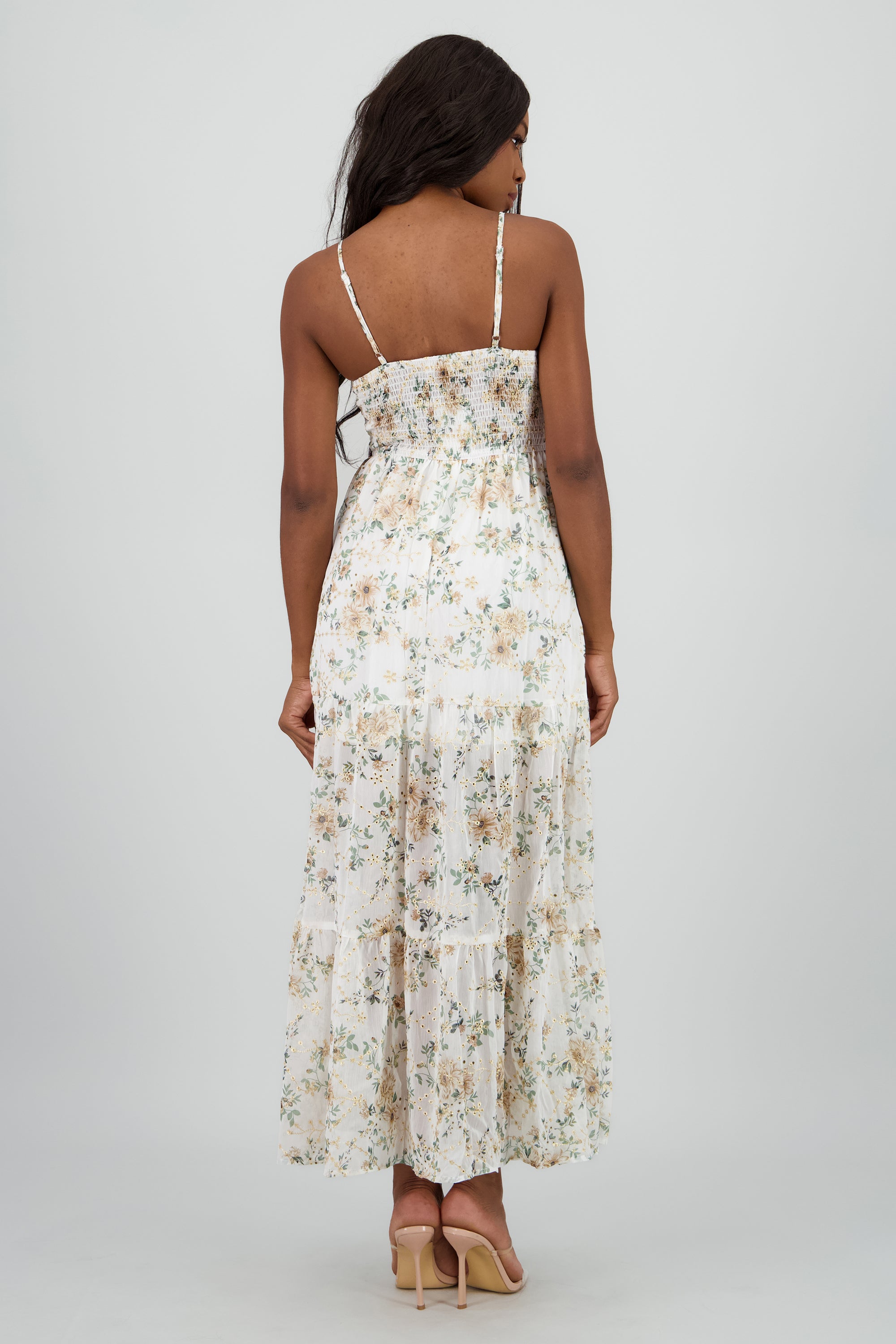 Vestido maxi con bordado y cut out HUESO COMBO