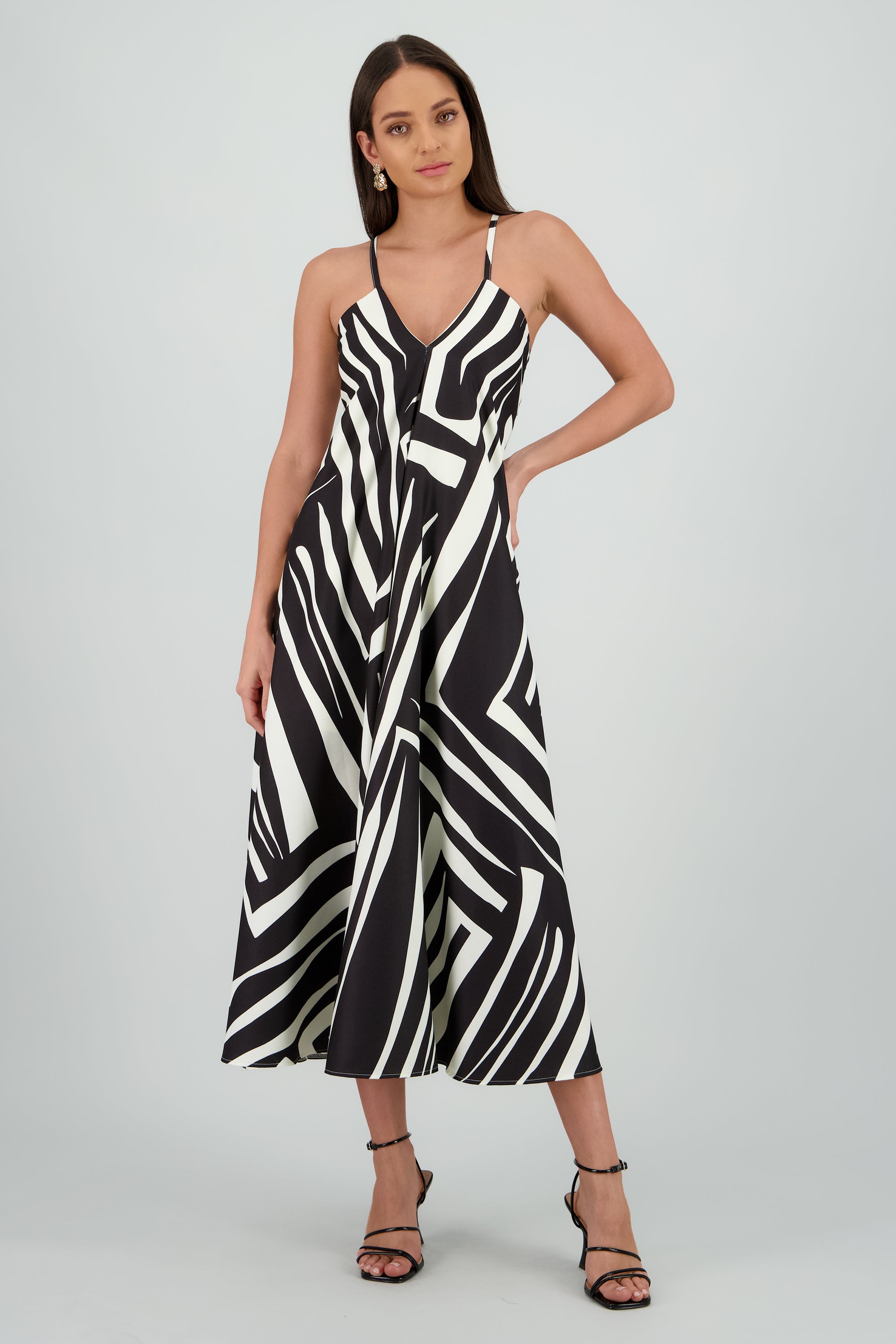 Vestido escote v estampado NEGRO BLANCO