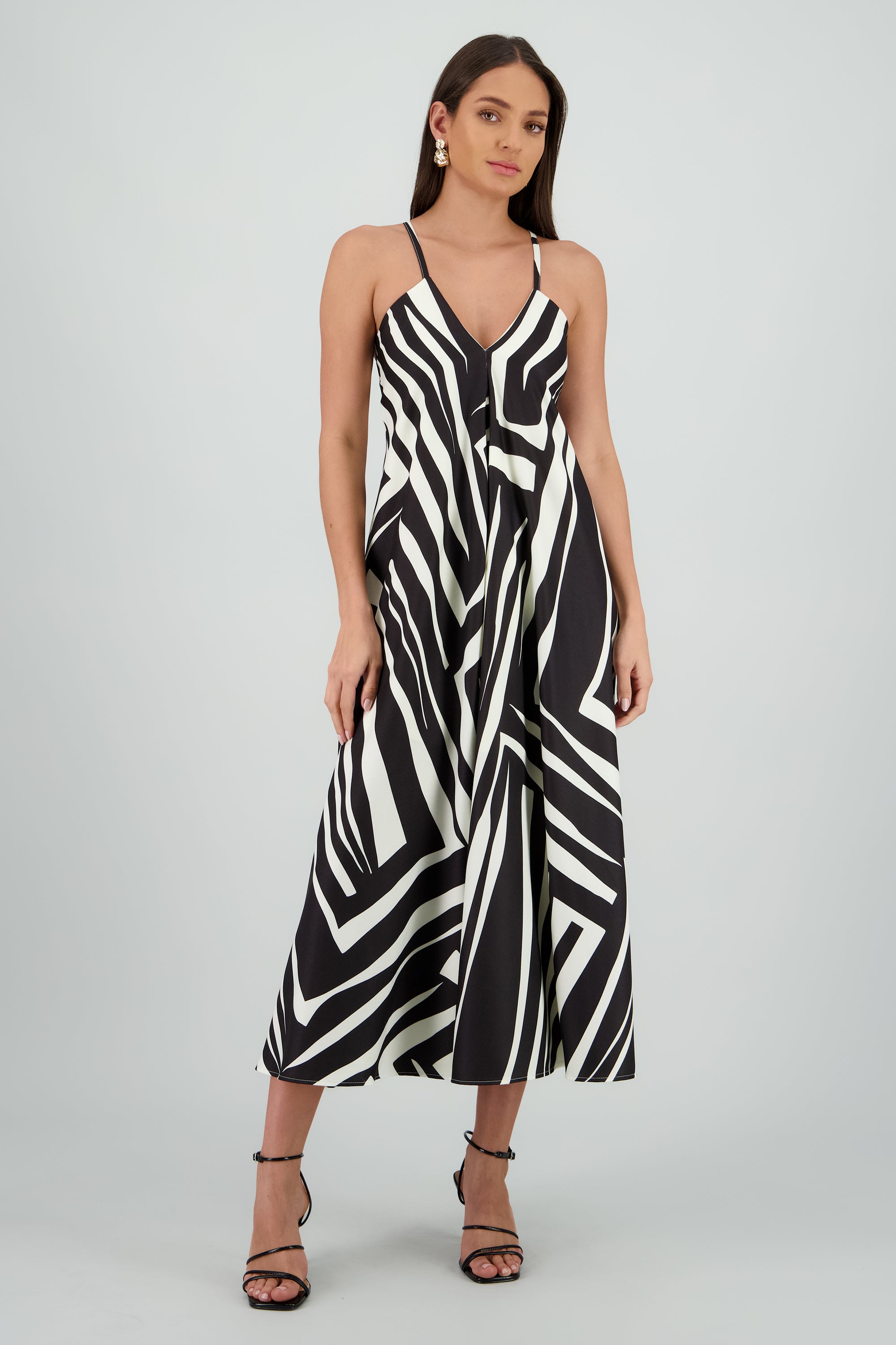 Vestido escote v estampado NEGRO BLANCO