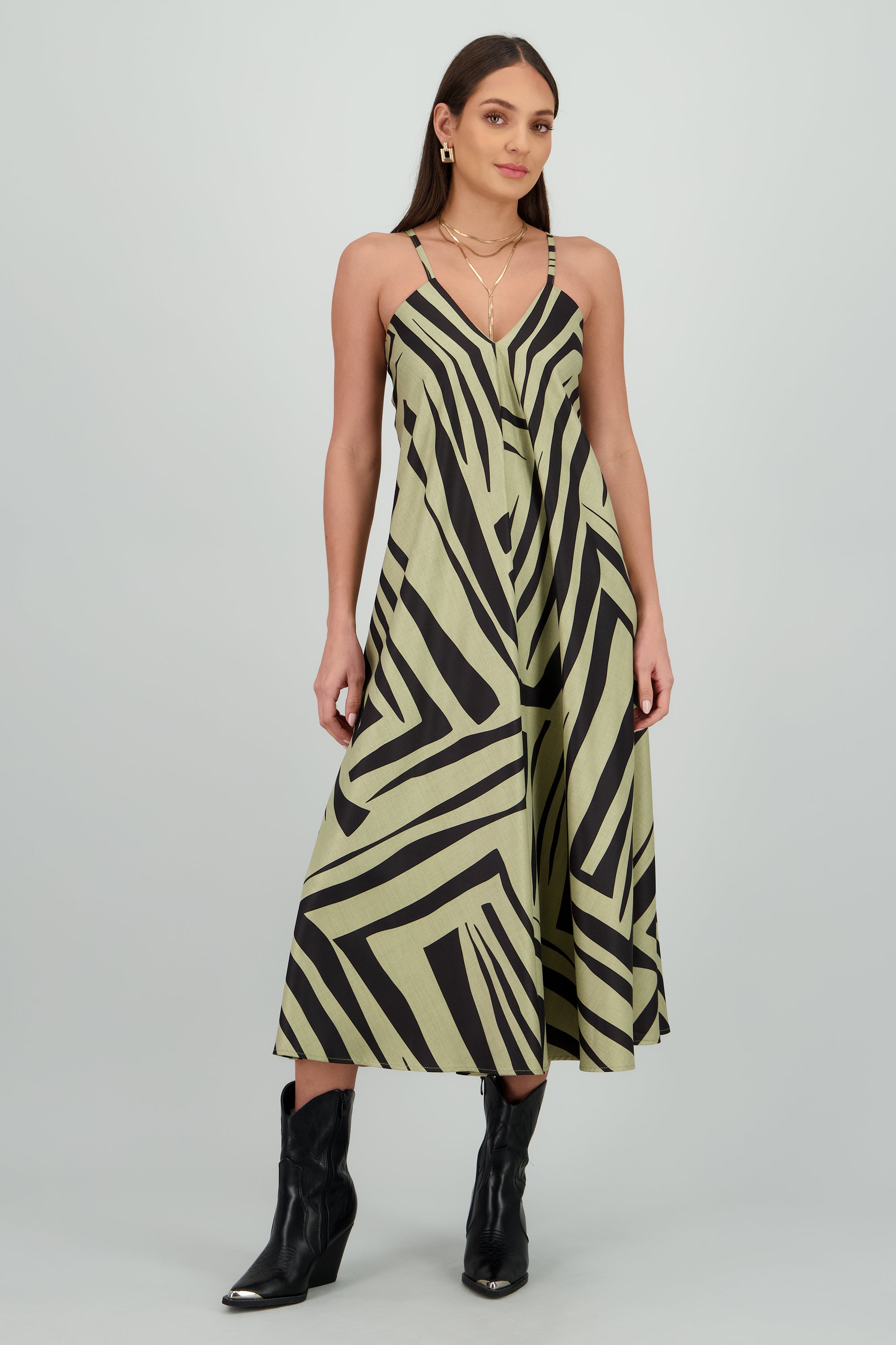 Vestido escote v estampado OLIVO COMBO