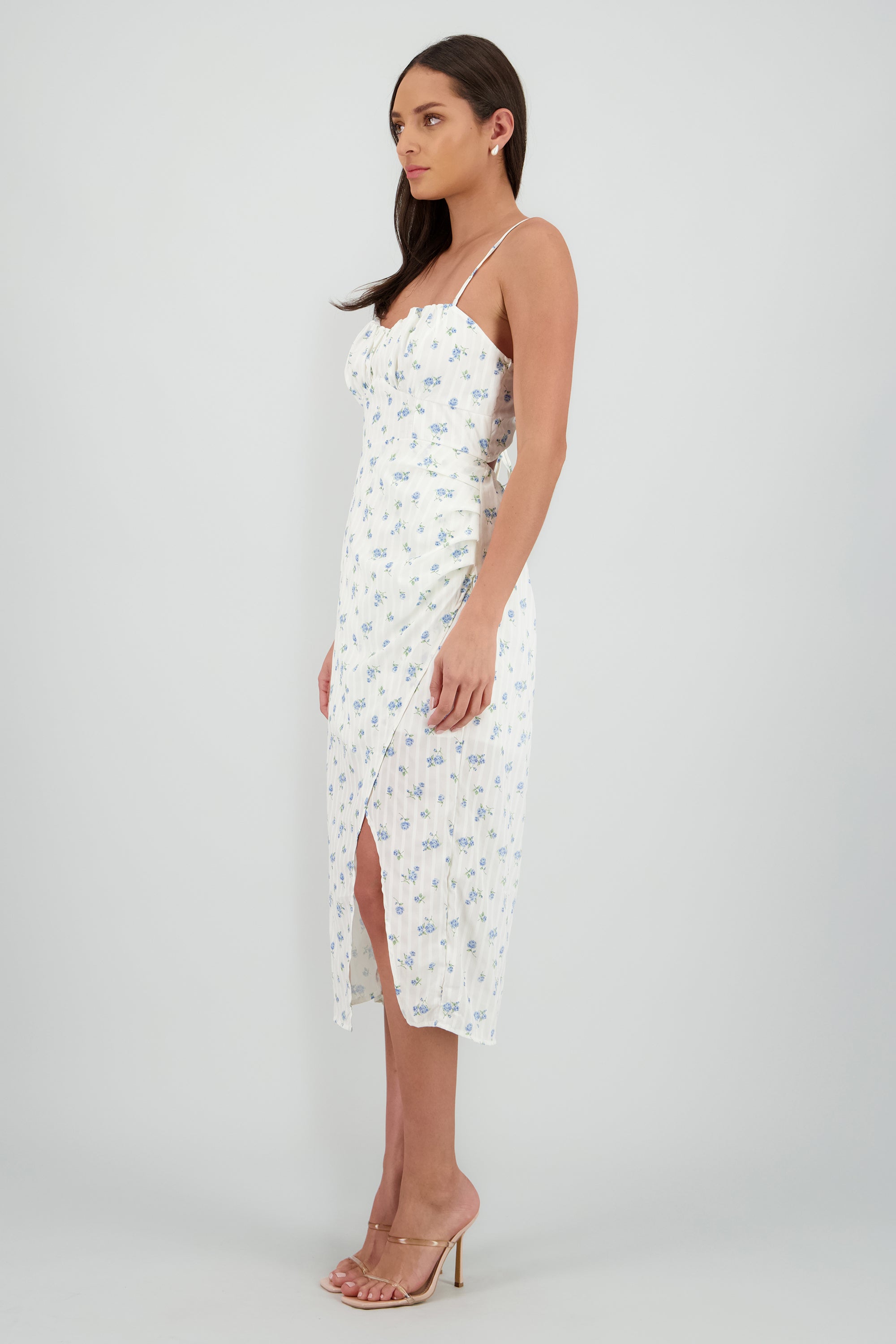 Vestido midi flores abertura AZUL COMBO