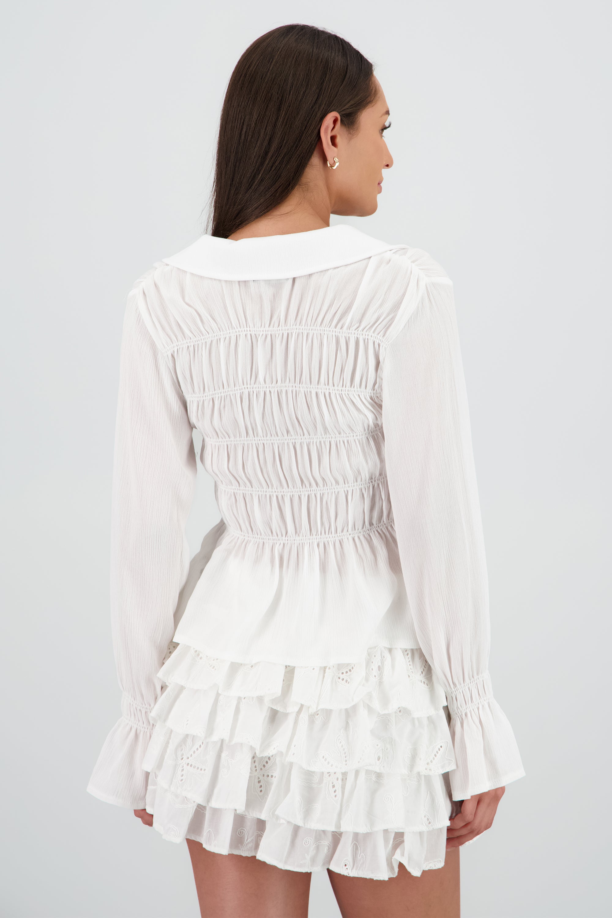 Blusa manga larga amarre smock ligera BLANCO