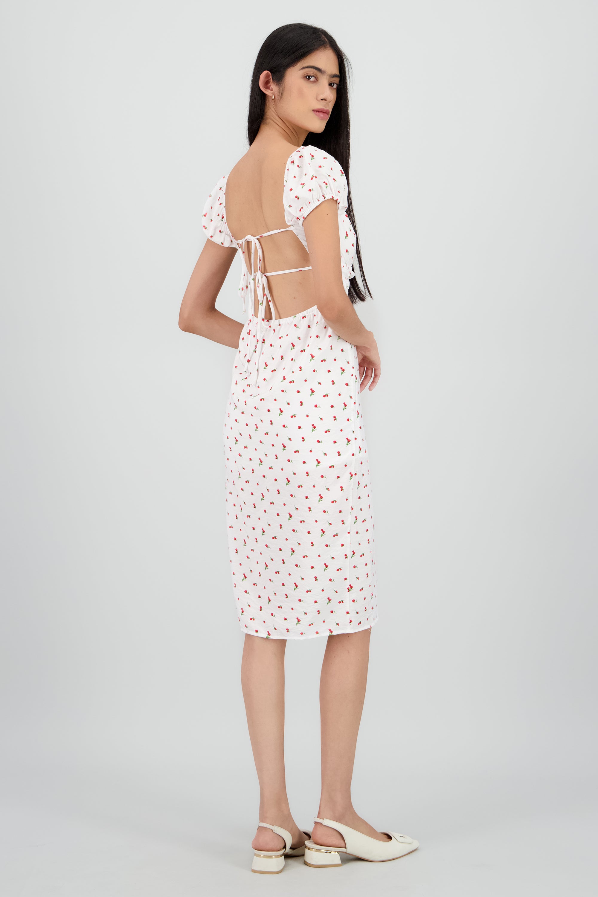Vestido midi textura flores ROJO COMBO